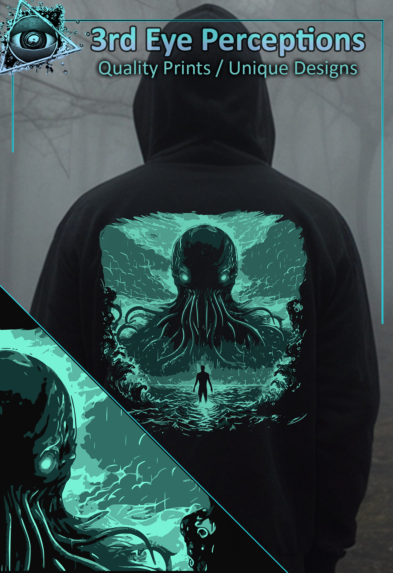 Vintage Cthulhu Cryptid Monster Lovecraft Horror Graphic Teal ( Unisex Heavy Blend™ Hooded )