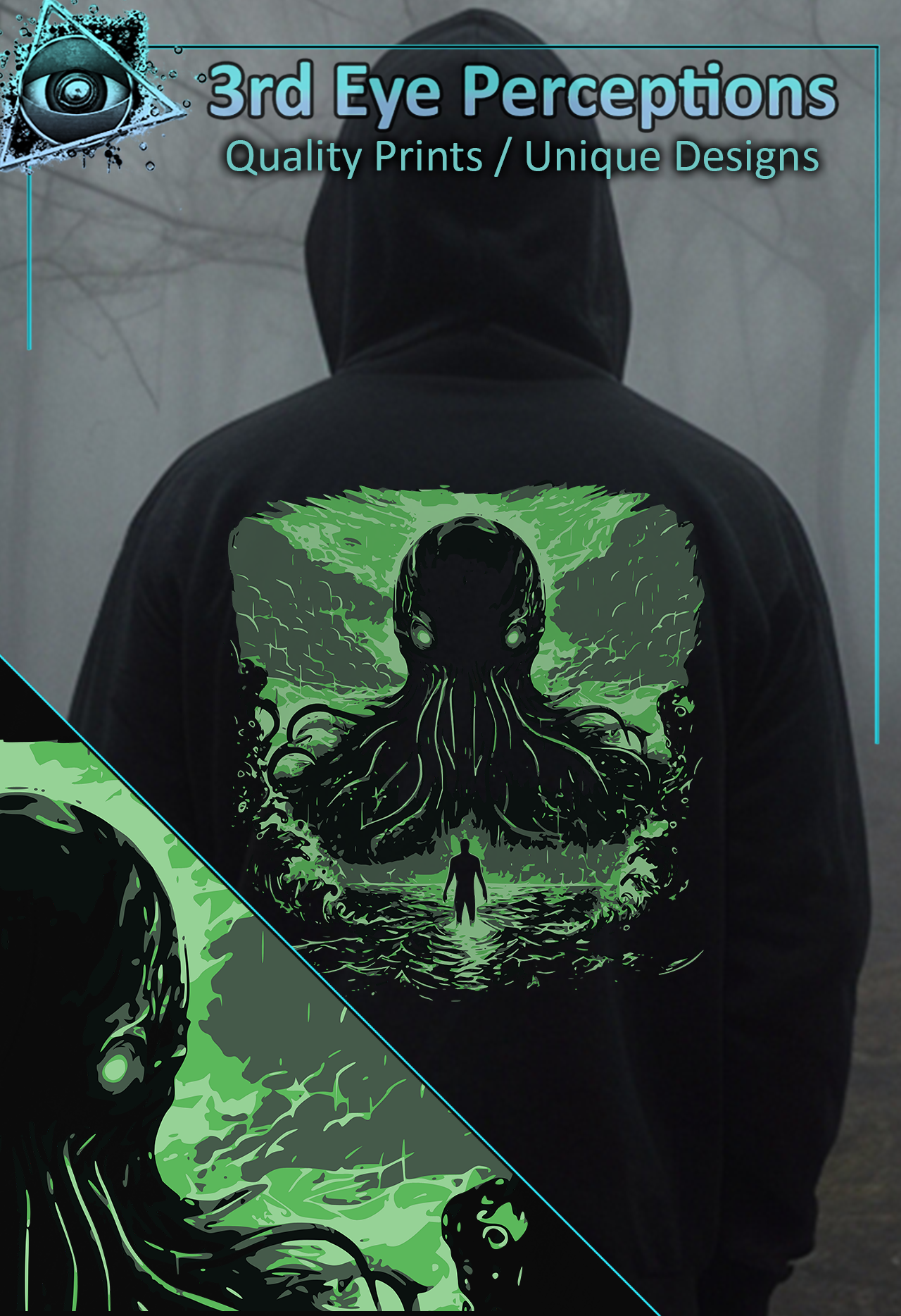 Vintage Cthulhu Cryptid Monster Lovecraft Horror Graphic Green ( Unisex Heavy Blend™ Hooded )