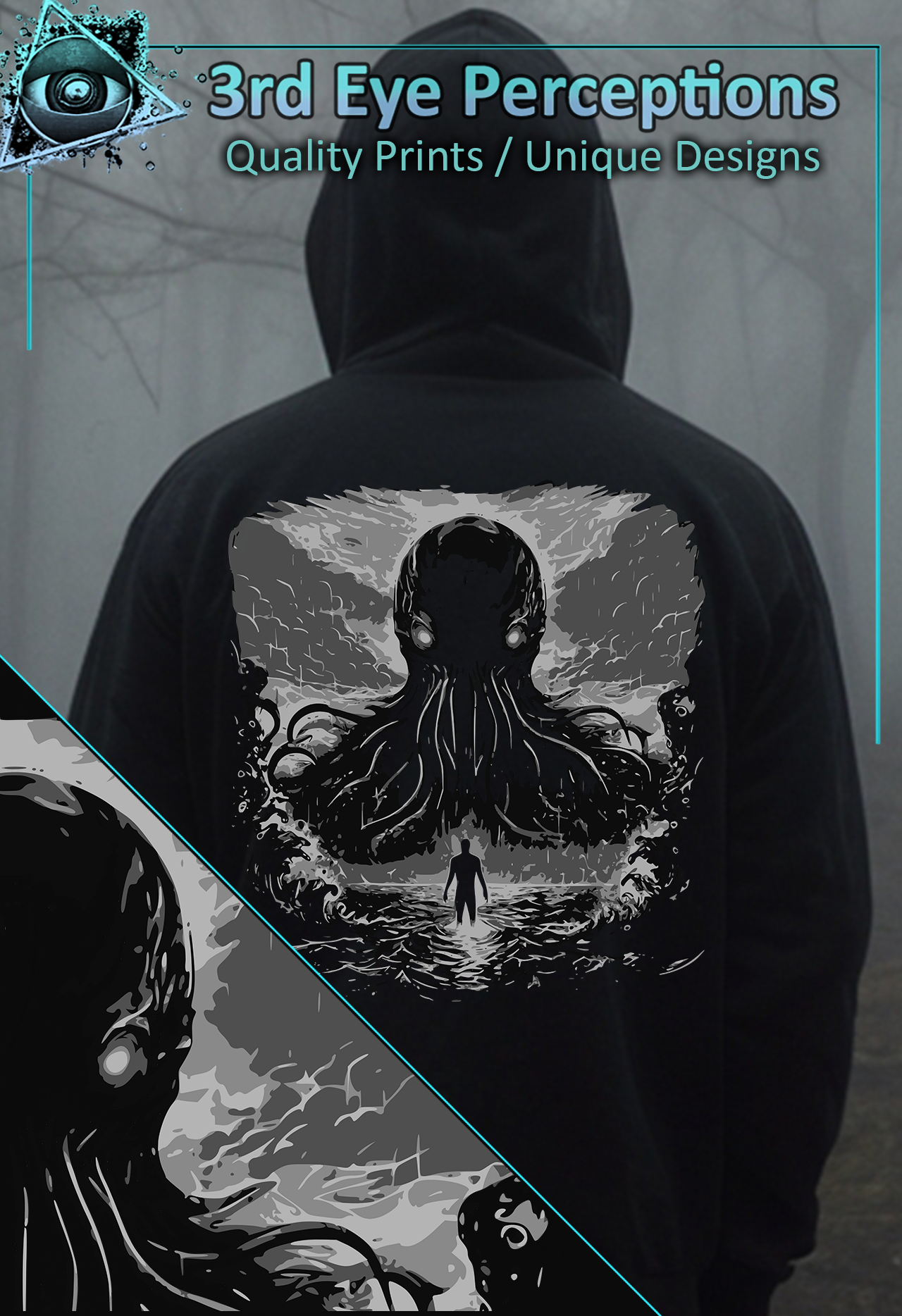 Vintage Cthulhu Cryptid Monster Lovecraft Horror Graphic BW ( Unisex Heavy Blend™ Hooded )