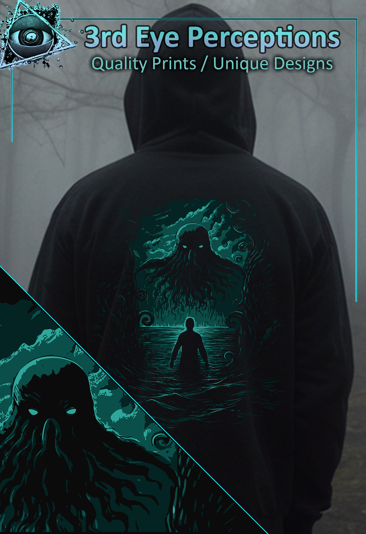 Vintage Cthulhu Cryptid Monster Lovecraft Horror Anime Teal ( Unisex Heavy Blend™ Hooded )