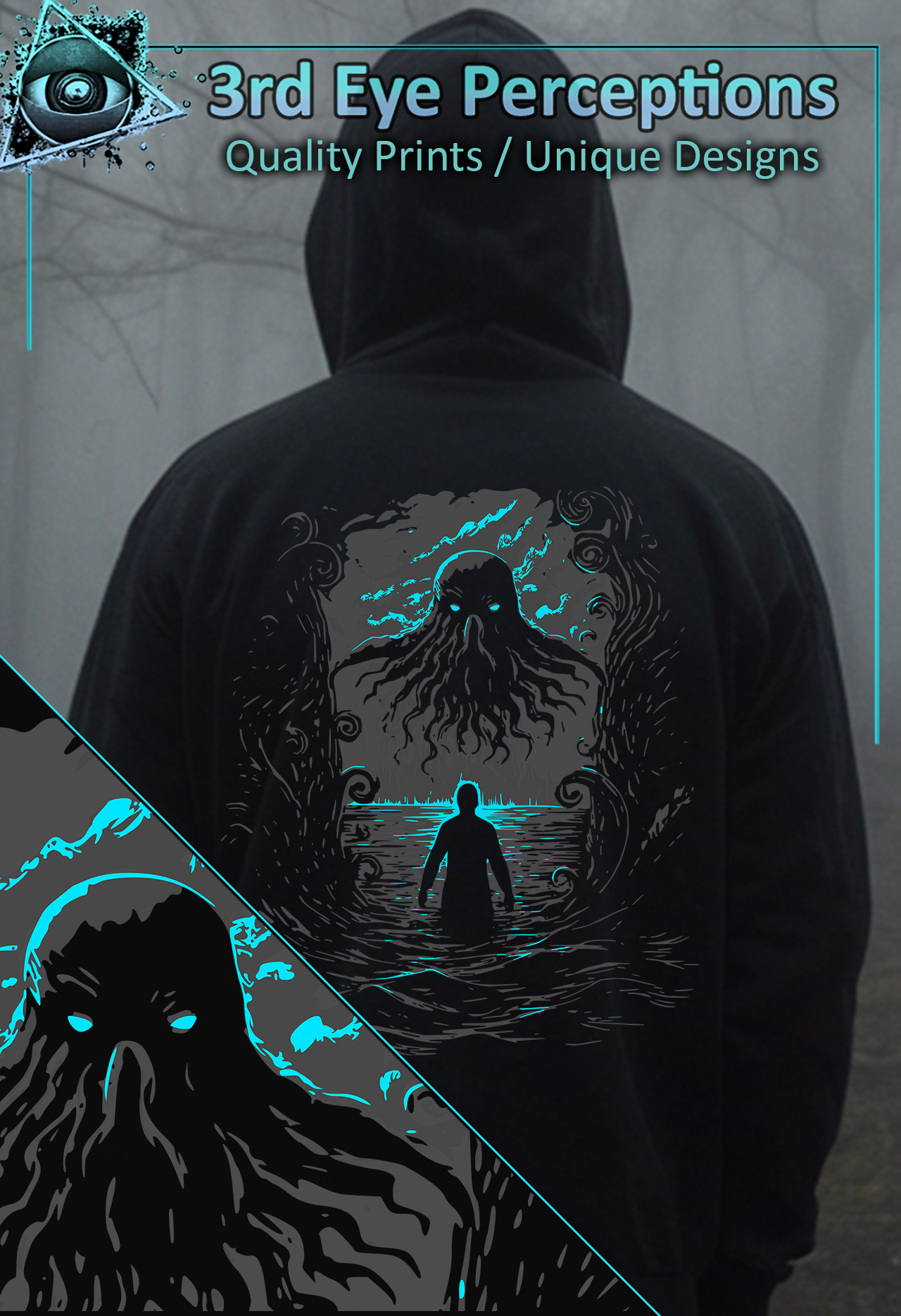 Vintage Cthulhu Cryptid Monster Lovecraft Horror Anime Blue BW ( Unisex Heavy Blend™ Hooded )