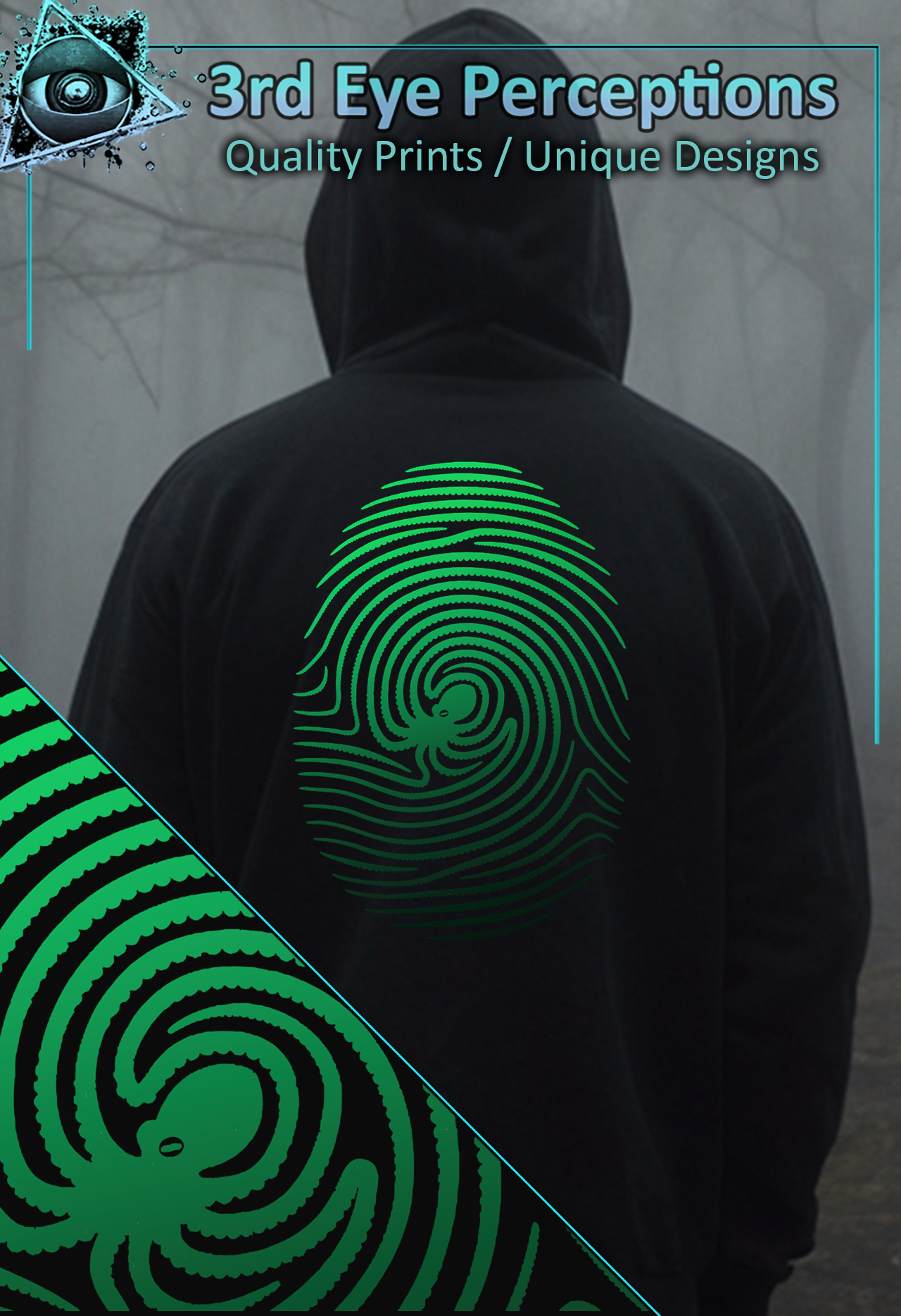 Cthulhu Octopus Fingerprint Graphic Kraken Tentacle Horror Green ( Unisex Heavy Blend™ Hooded )