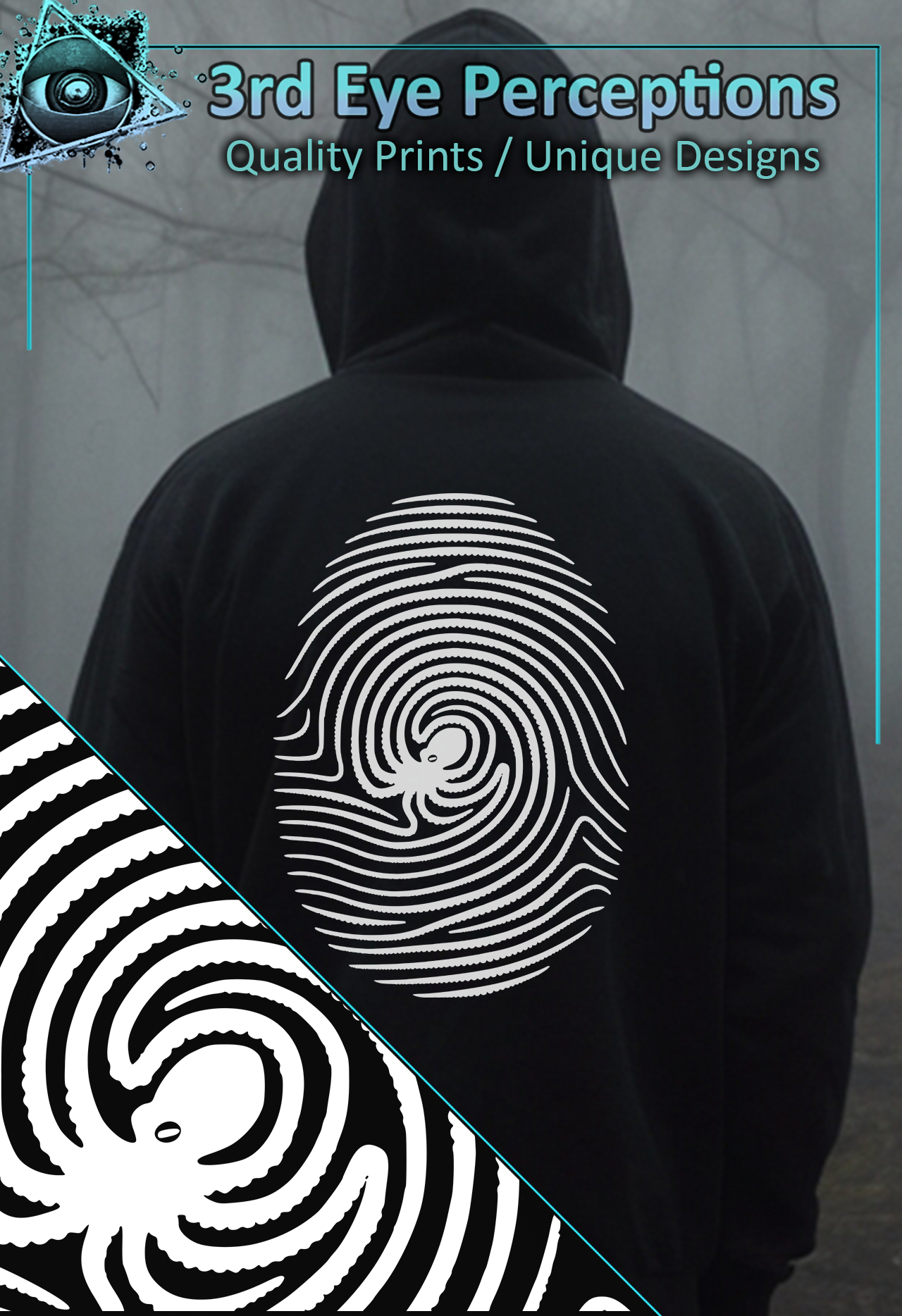 Cthulhu Octopus Fingerprint Graphic Kraken Tentacle Horror White ( Unisex Heavy Blend™ Hooded )