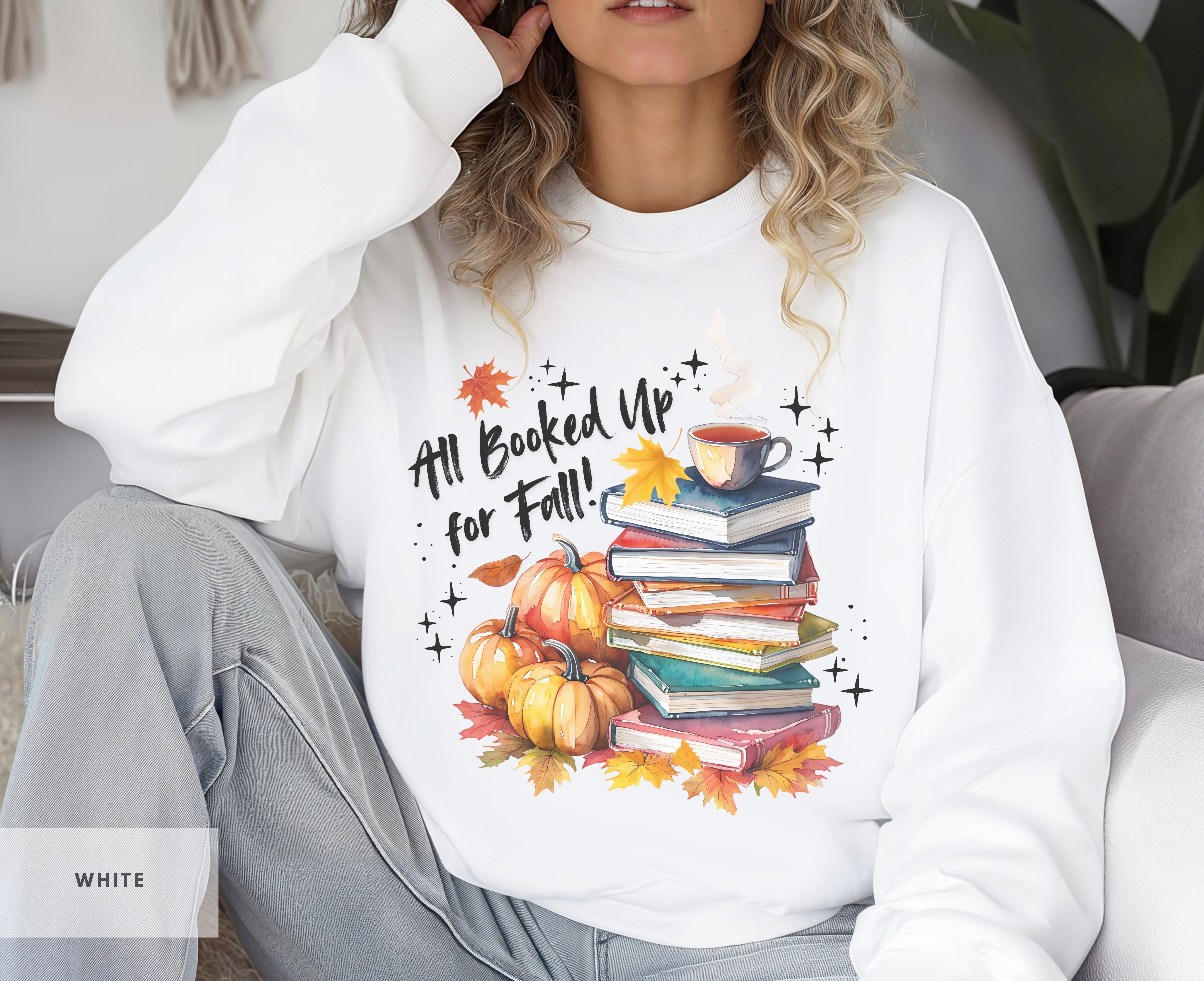 Cozy Fall themed sweatshirt for readers, Book Stack with Pumpkins and cup of tea, All Booked Up, Gift for Her, Teachers, students Sweatshirt product thumbnail image
