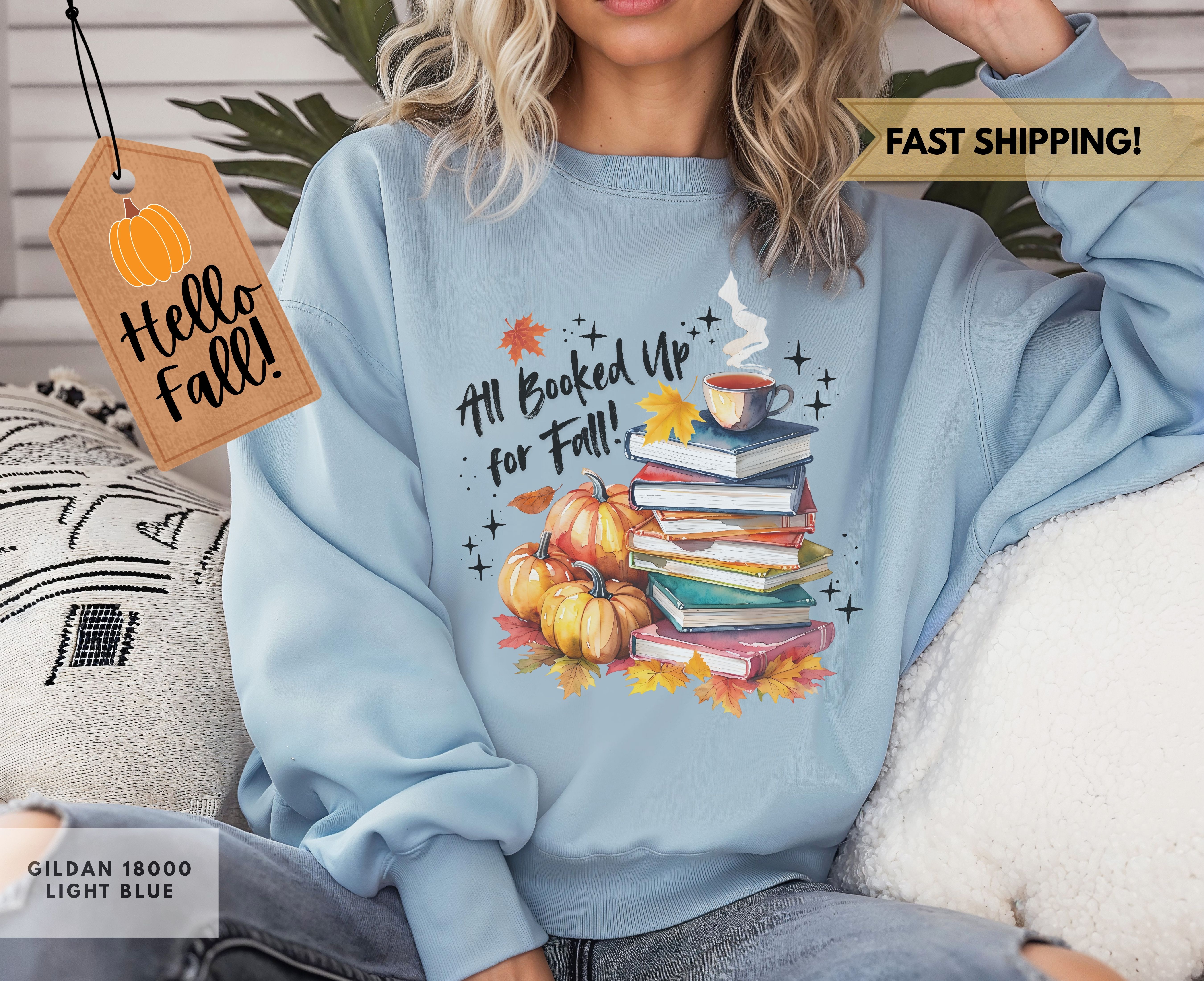 Cozy Fall themed sweatshirt for readers, Book Stack with Pumpkins and cup of tea, All Booked Up, Gift for Her, Teachers, students Sweatshirt product thumbnail image