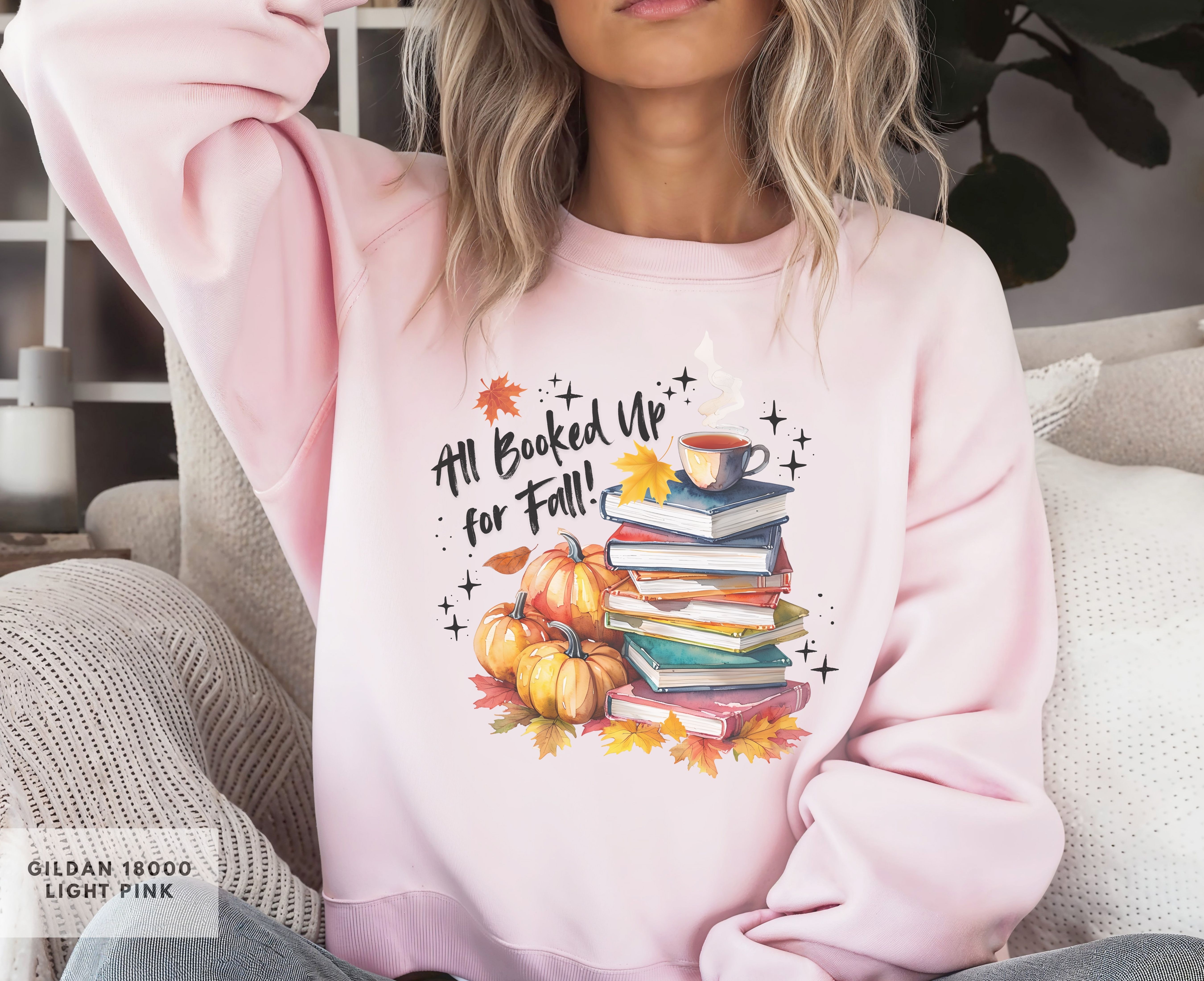 Cozy Fall themed sweatshirt for readers, Book Stack with Pumpkins and cup of tea, All Booked Up, Gift for Her, Teachers, students Sweatshirt product thumbnail image Cozy Fall themed sweatshirt for readers, Book Stack with Pumpkins and cup of tea, All Booked Up, Gift for Her, Teachers, students Sweatshirt product thumbnail image