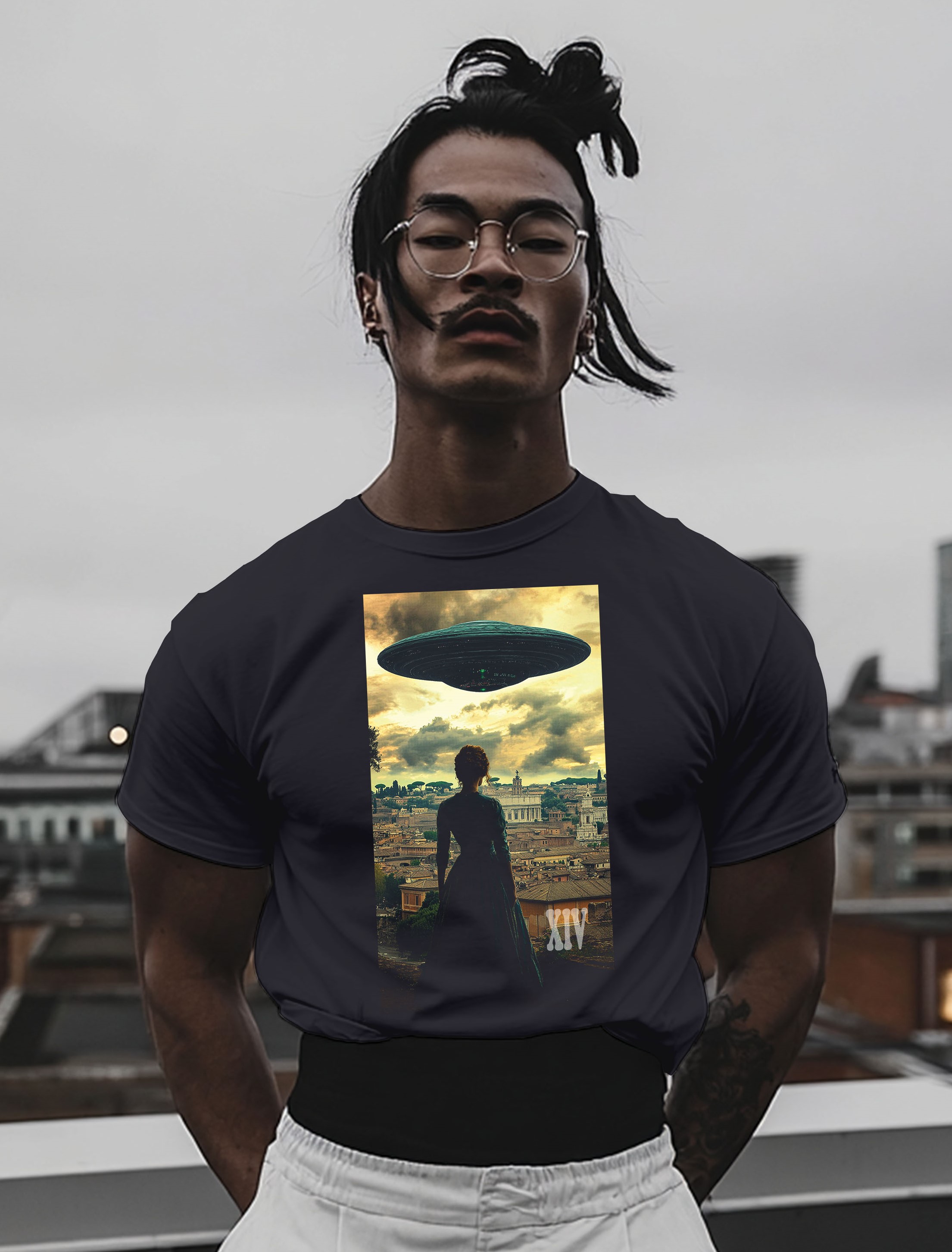 Woman Staring at UFO Over Rome – Carbon XIV Tee