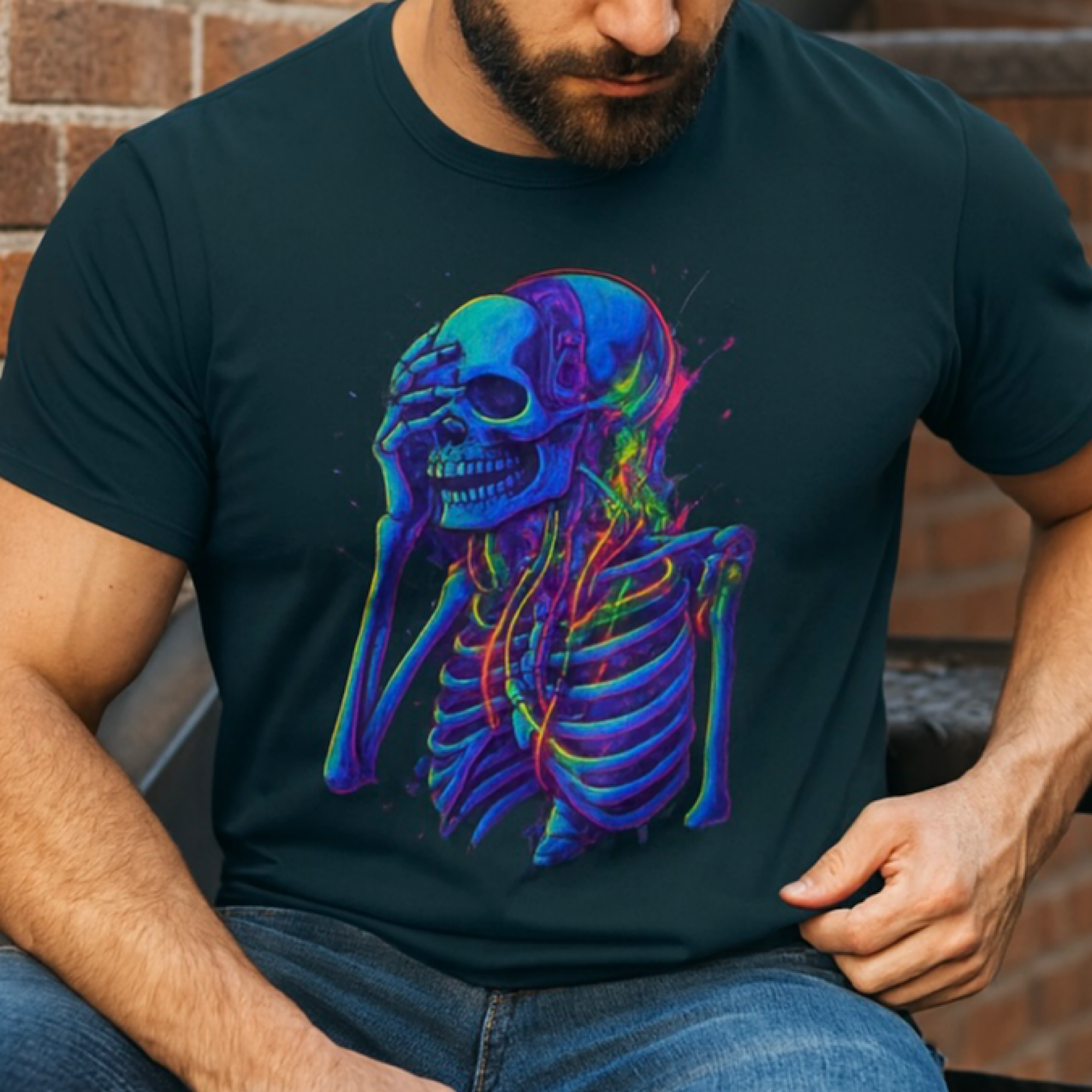 Neon Skeleton T-Shirt Psychedelic Skull Art Trippy Graphic Tee Men’s Streetwear