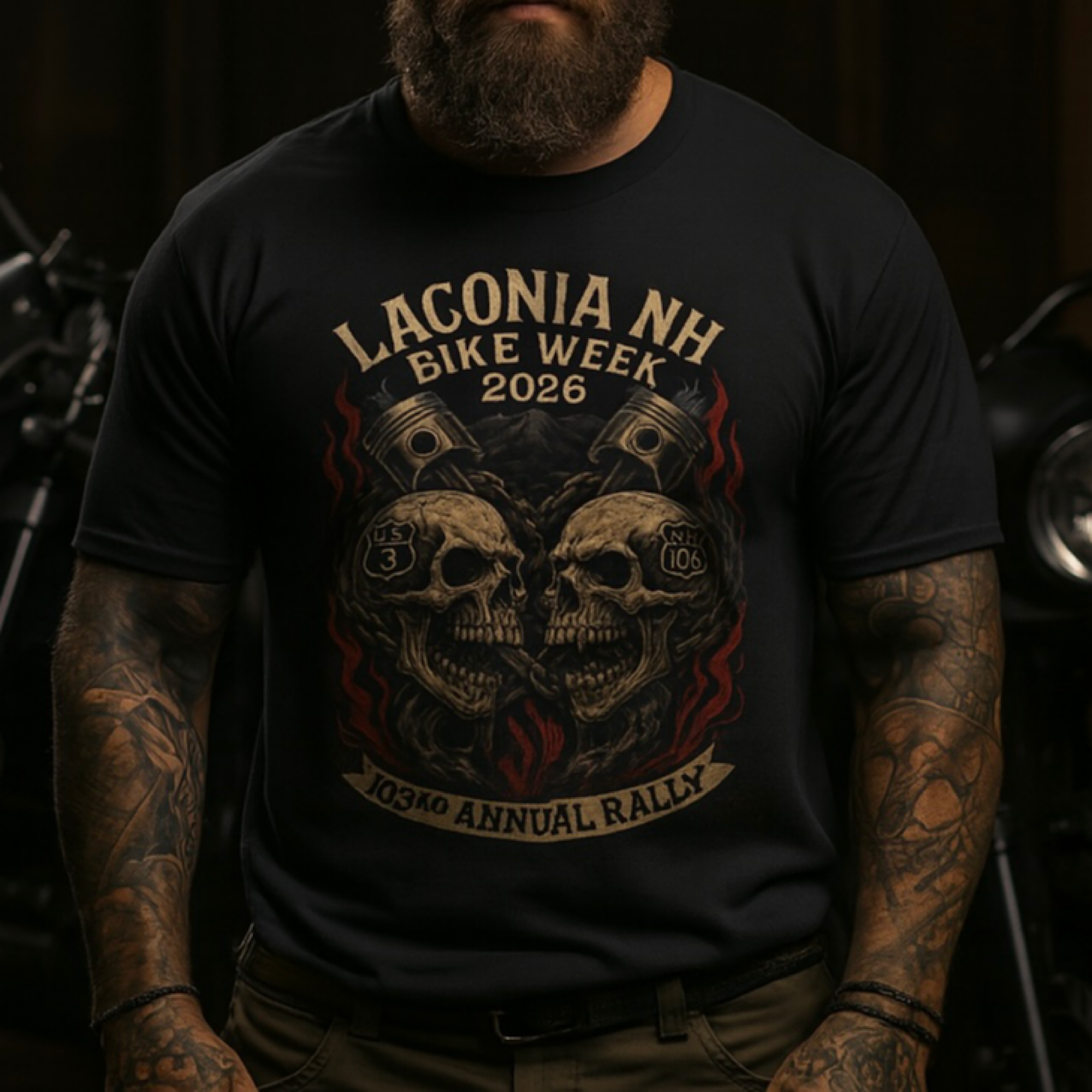 Laconia NH Bike Week 2026 T-Shirt 103rd Annual Motorcycle Rally Skulls Biker Tee