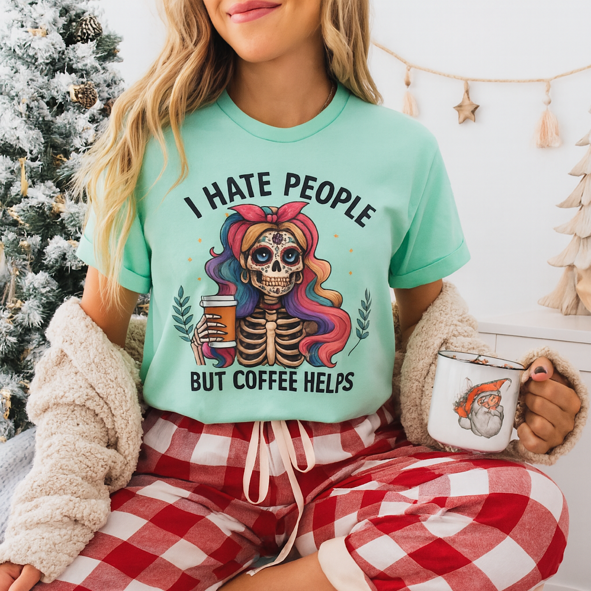 Coffee T-Shirt I Hate People But Coffee Helps Skeleton  Tee  Coffee Lover Shirt