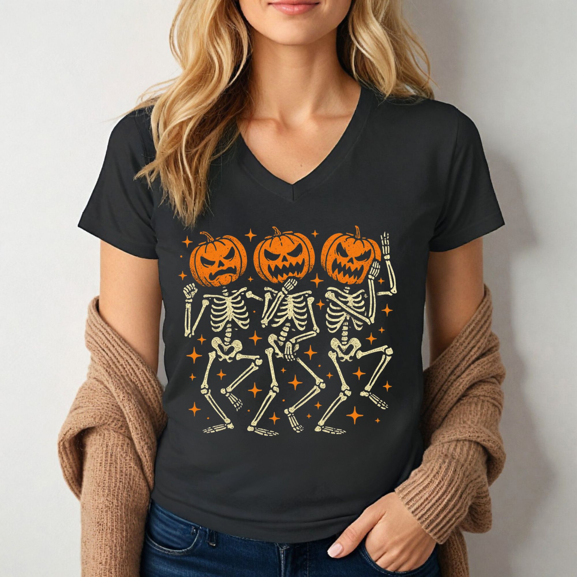Dancing Pumpkin Skeletons  V necked T-Shirt product thumbnail image