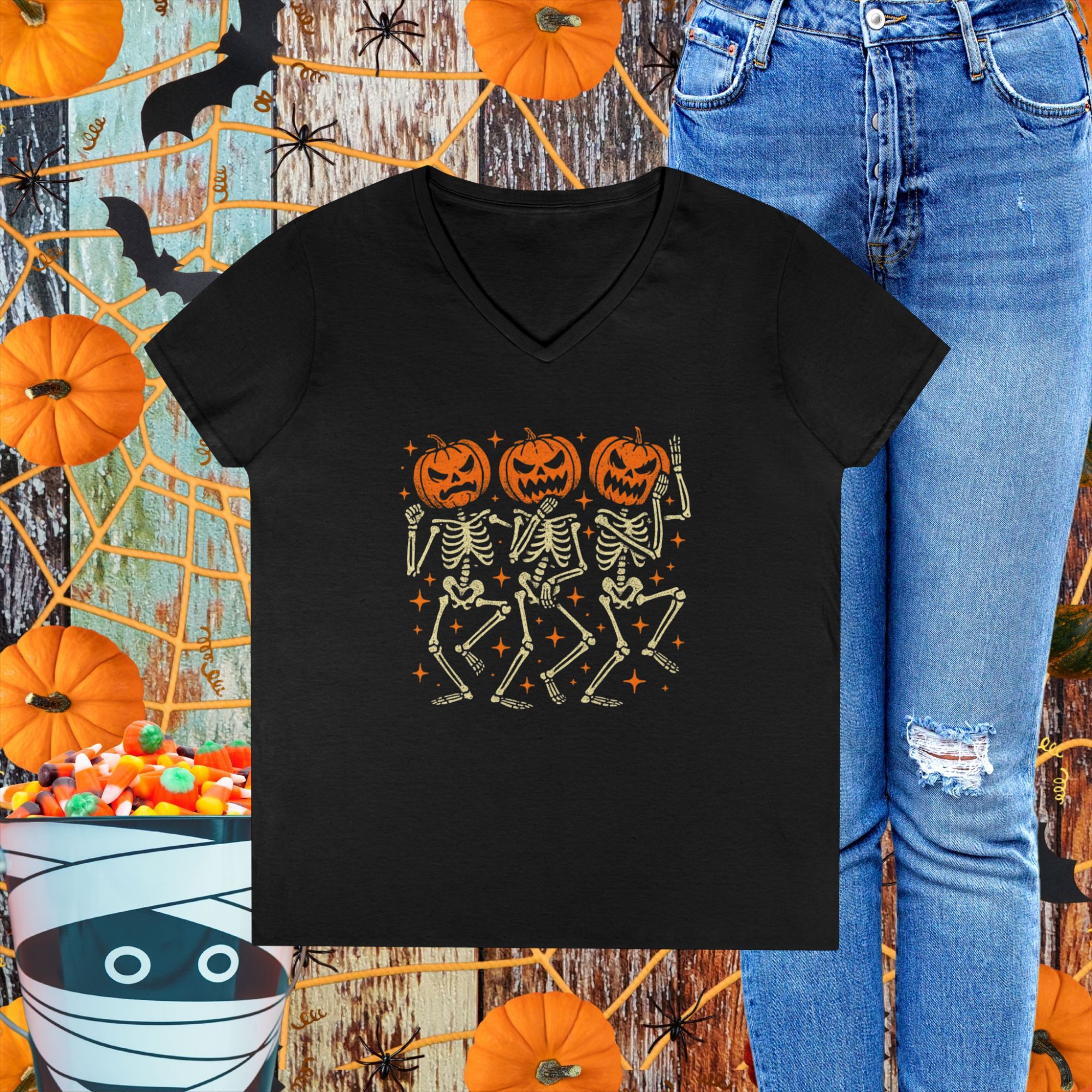 Dancing Pumpkin Skeletons  V necked T-Shirt product thumbnail image