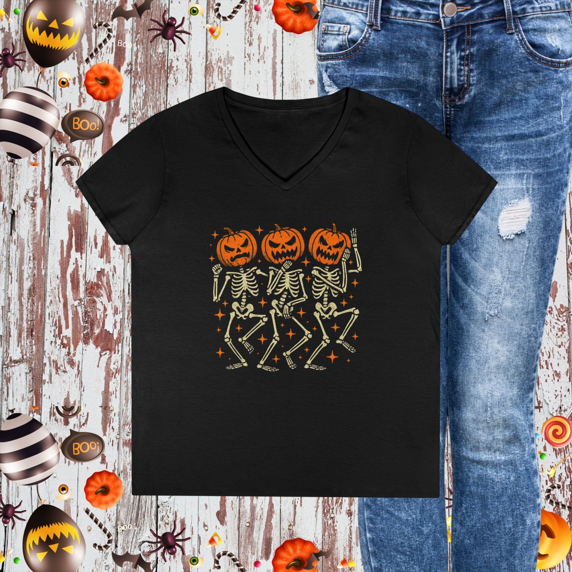 Dancing Pumpkin Skeletons  V necked T-Shirt product thumbnail image