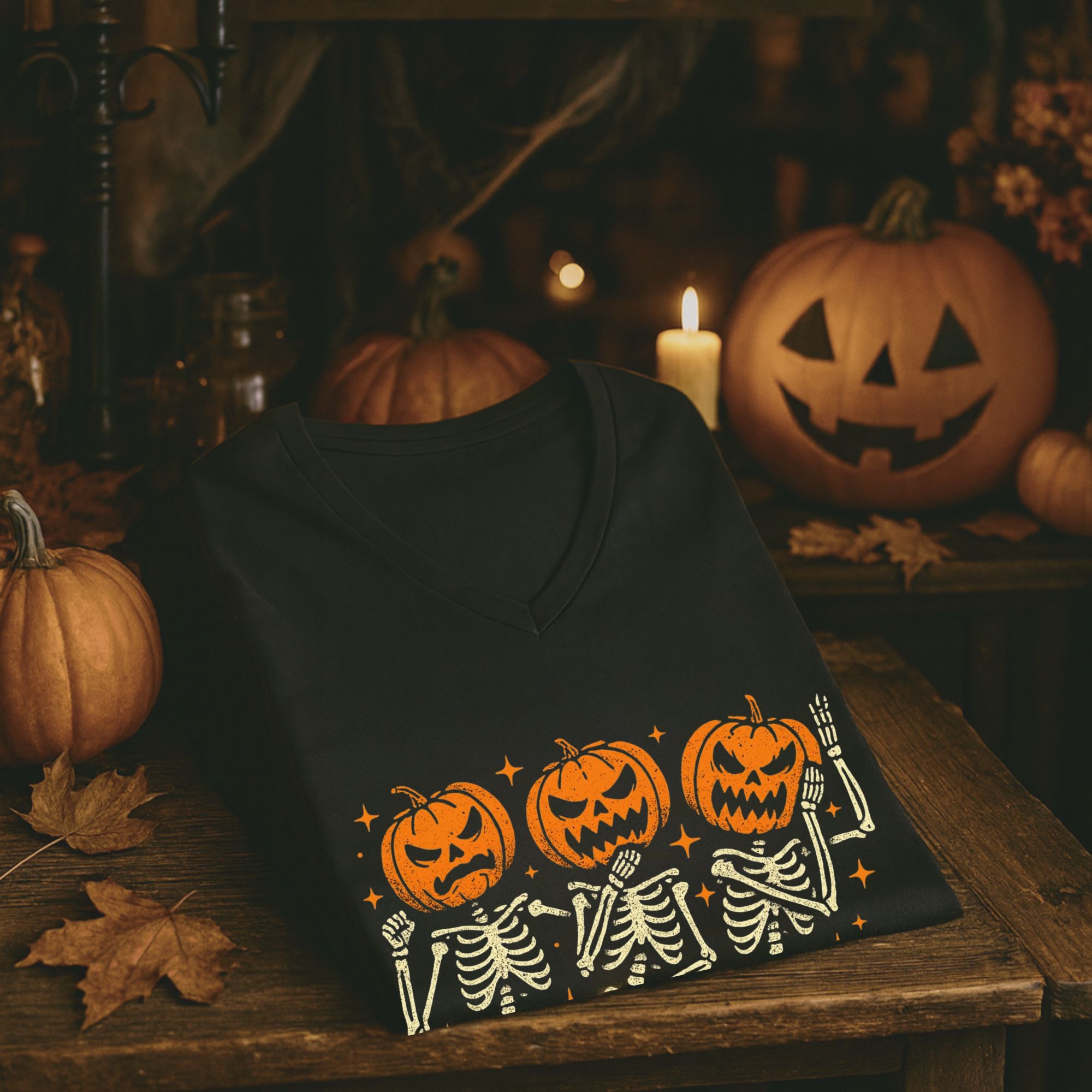 Dancing Pumpkin Skeletons  V necked T-Shirt product thumbnail image