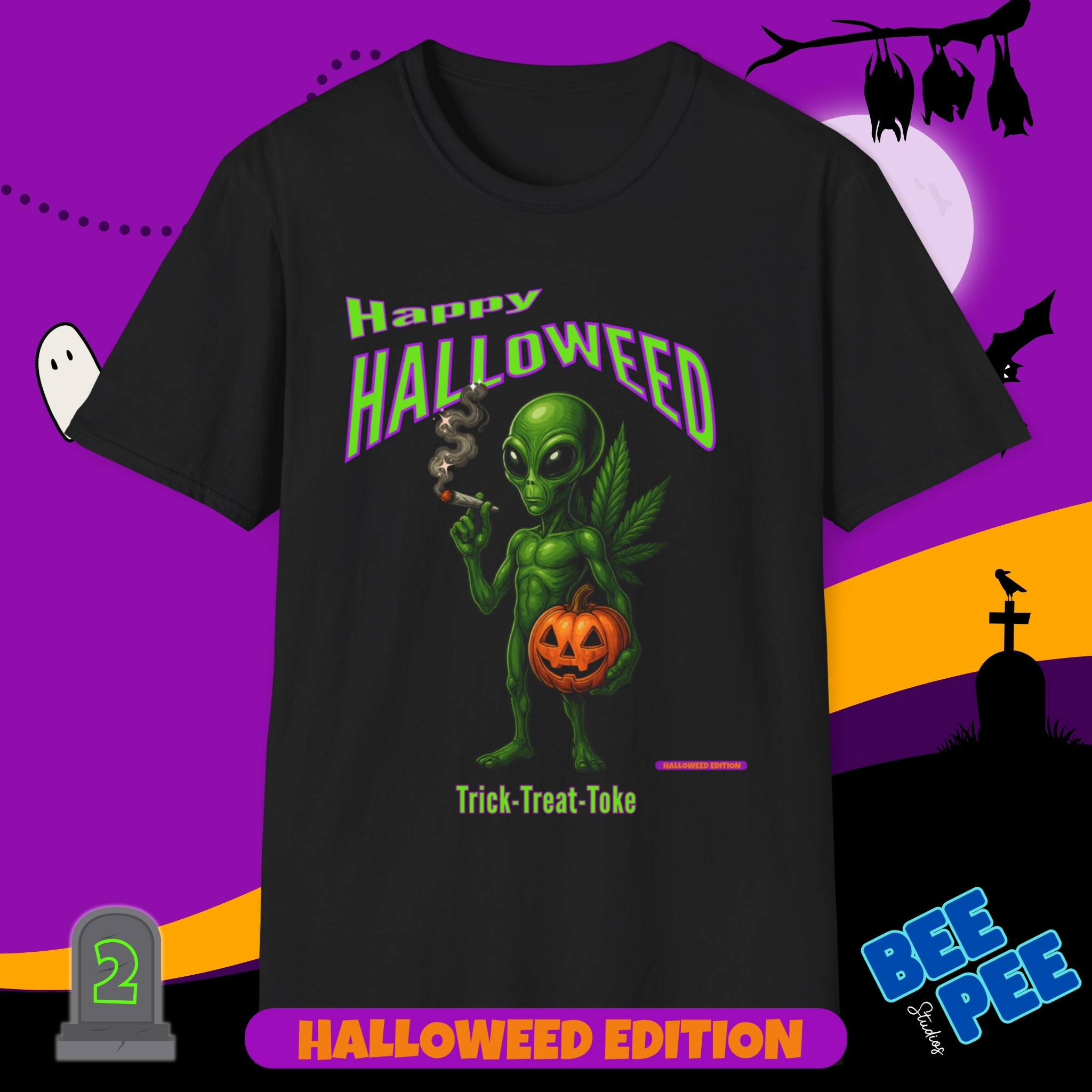  'Happy Halloweed Alien' Graphic, Soft style Unisex T-Shirt - 'Happy Halloweed Edition #2' 