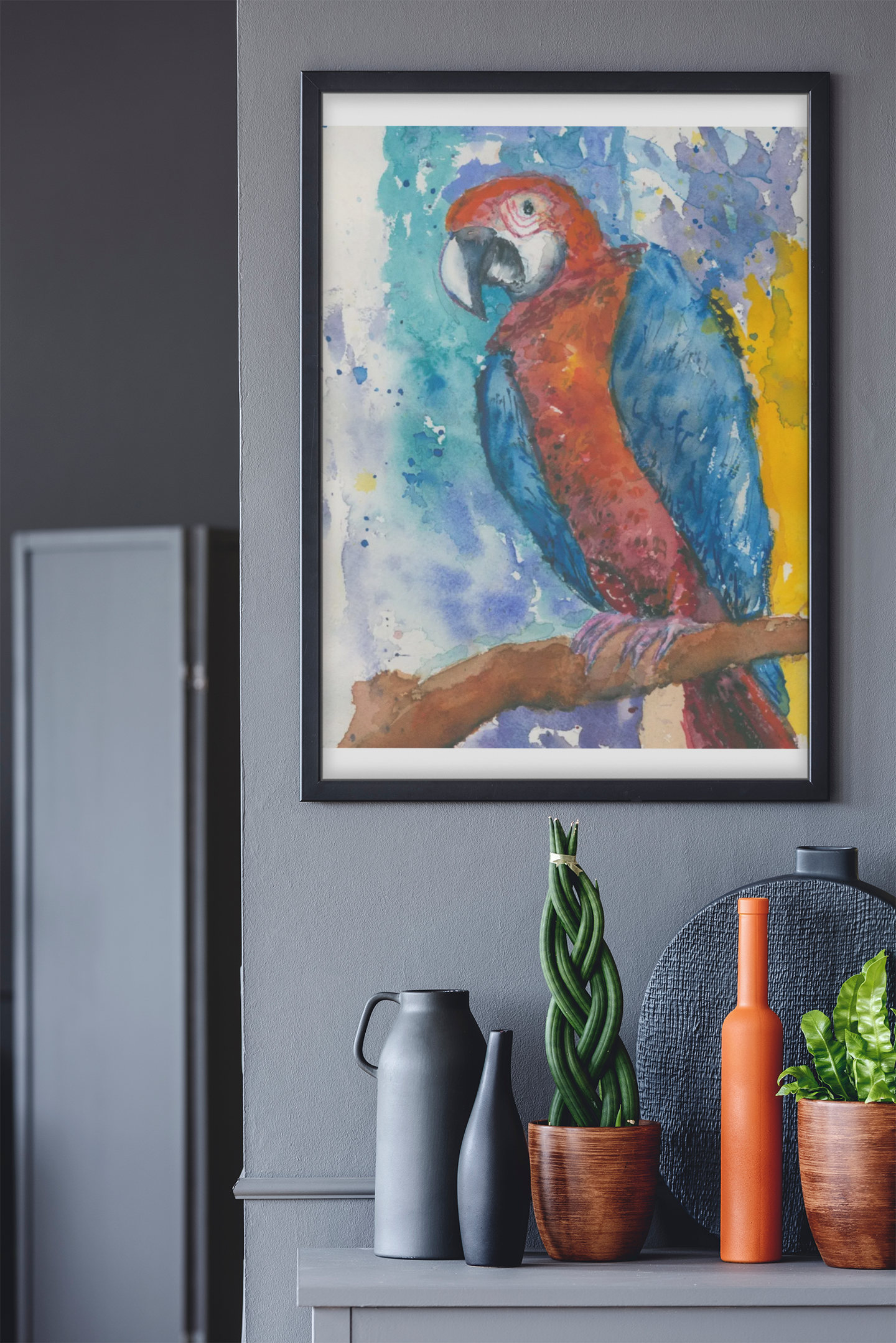 "Naughty Parrot" Brightly colored macaw eyes you from a impressionist tropical scene. product thumbnail image "Naughty Parrot" Brightly colored macaw eyes you from a impressionist tropical scene. product thumbnail image