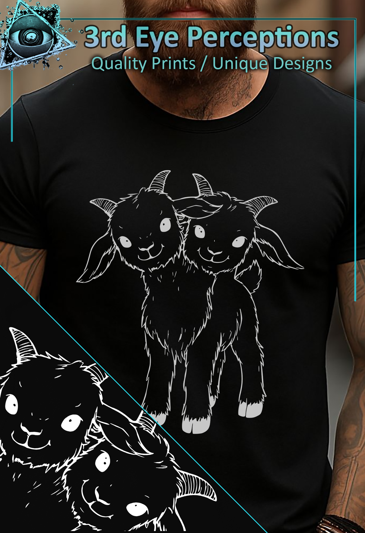 Vintage Two Headed Goat Oddities Gothic Line Art Graphic White