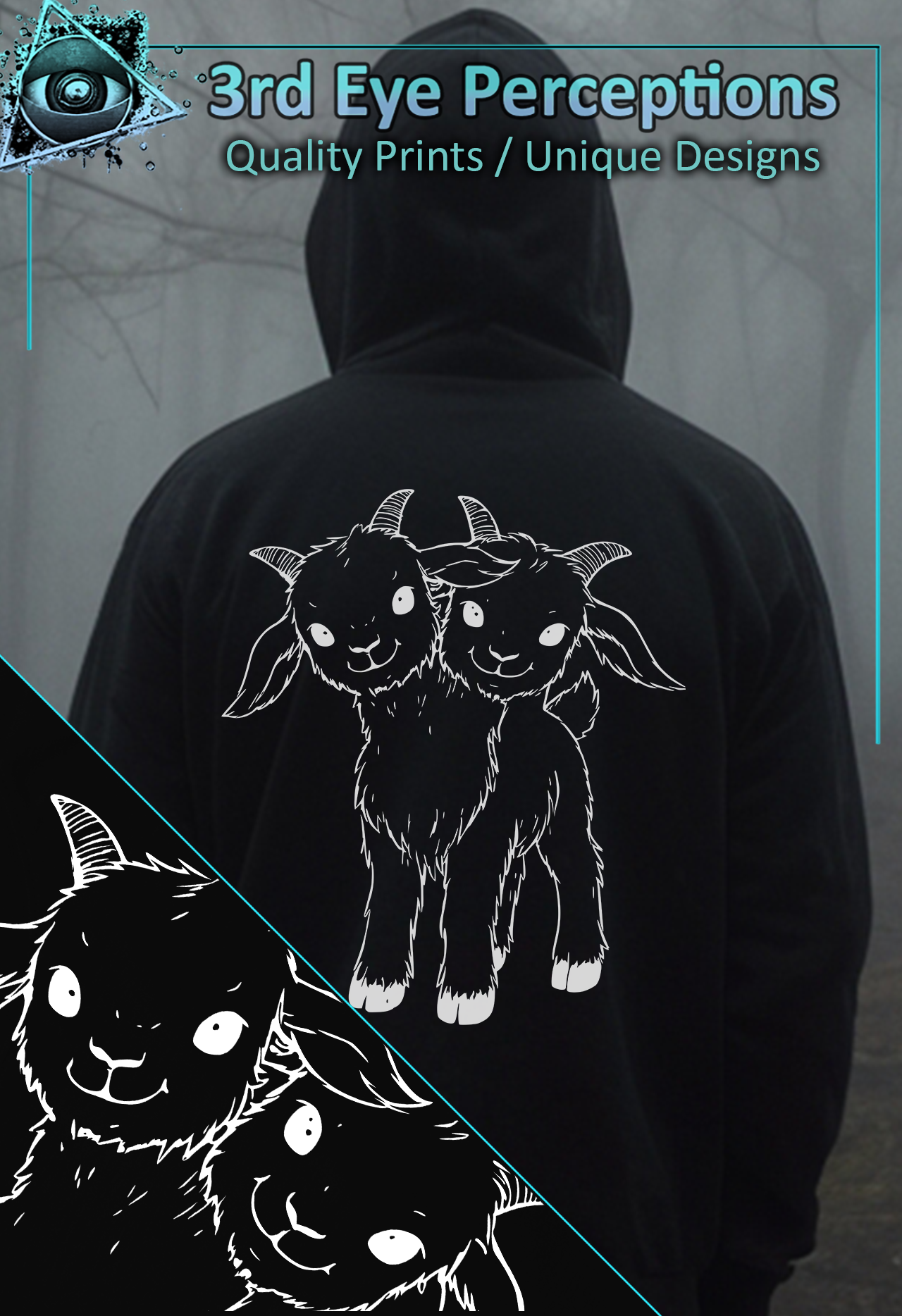 Vintage Two Headed Goat Oddities Gothic Line Art Graphic White ( Unisex Heavy Blend™ Hooded )