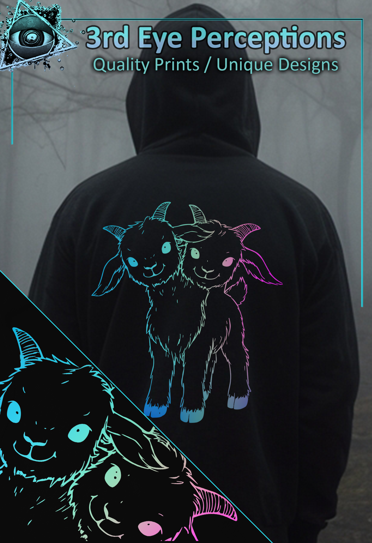 Vintage Two Headed Goat Oddities Gothic Line Art Graphic Gradient ( Unisex Heavy Blend™ Hooded ) product thumbnail image