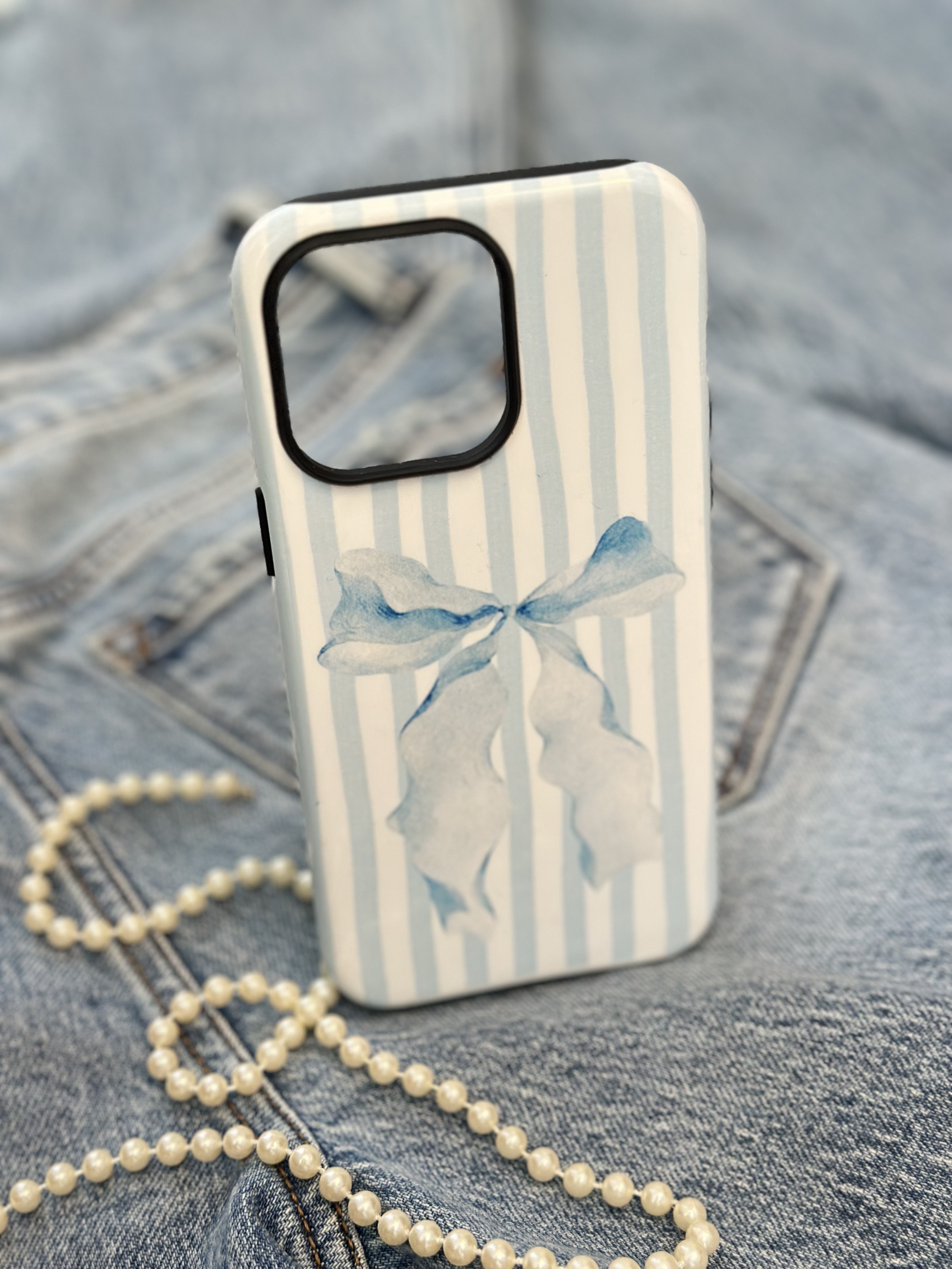 Offshore Co. Ribbon and Blue Stripe Phone Case l Durable Dual Layer Design l Coastal Grandmother Aesthetic  product thumbnail image