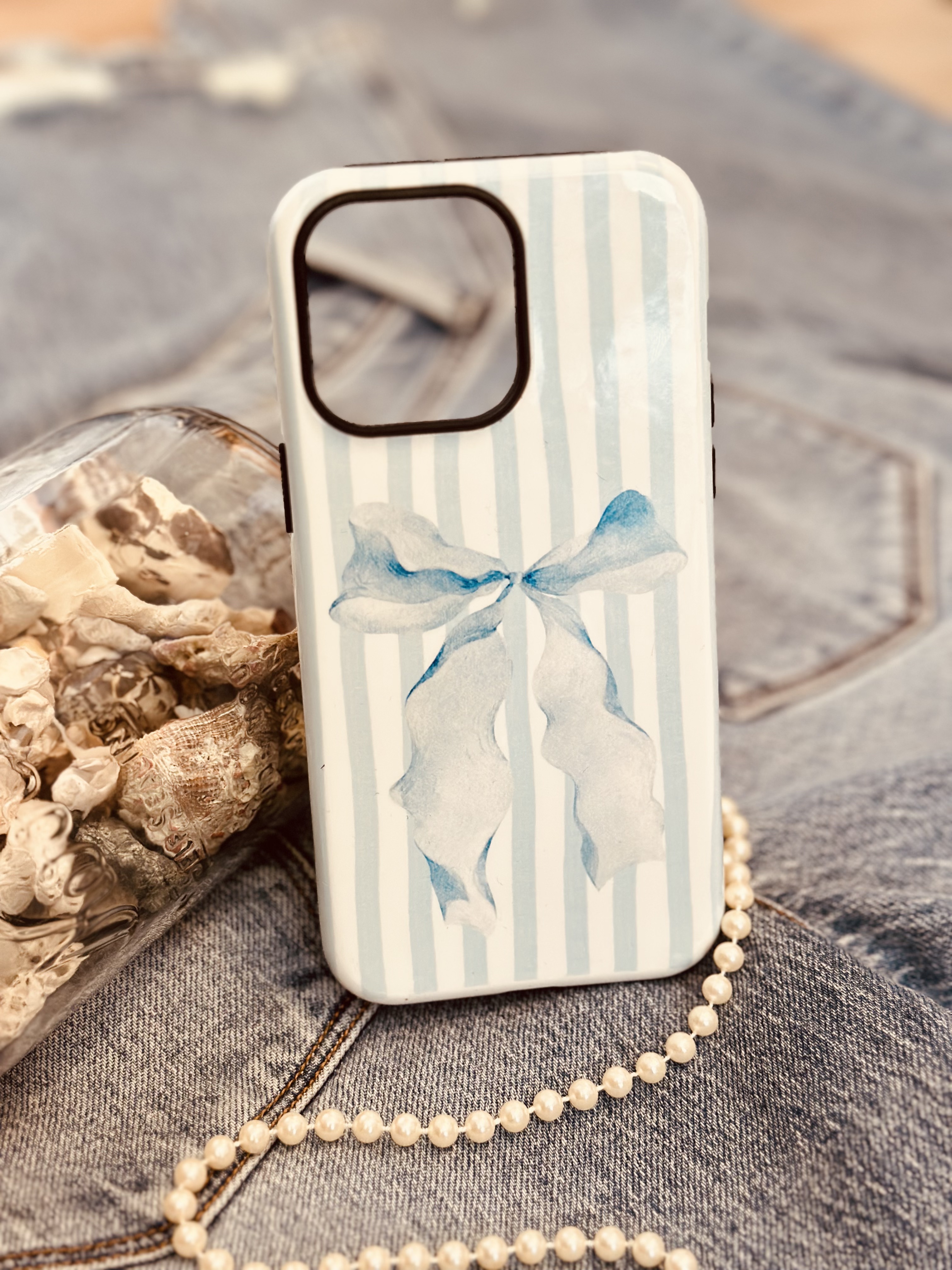 Offshore Co. Ribbon and Blue Stripe Phone Case l Durable Dual Layer Design l Coastal Grandmother Aesthetic  product thumbnail image