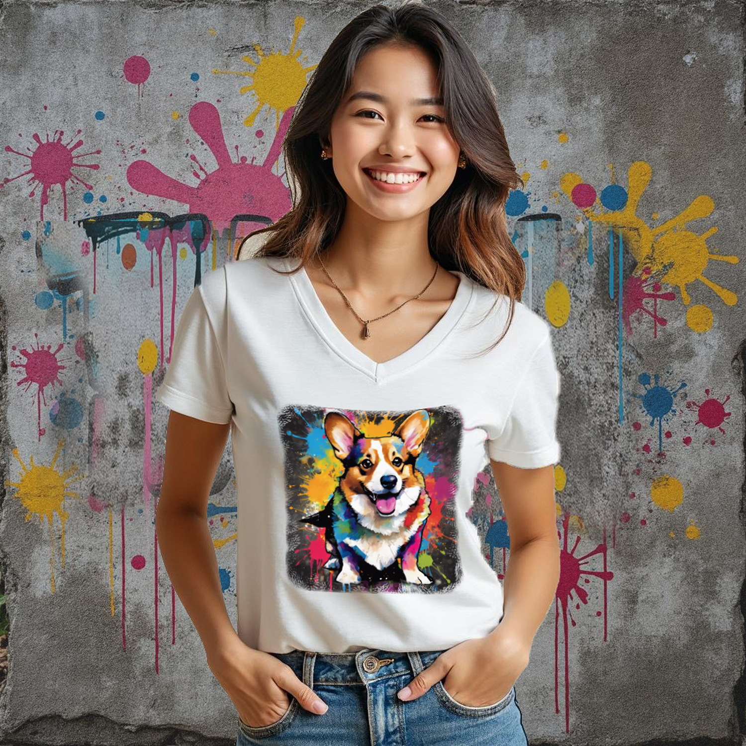 Corgi Love! Women's Jersey Short Sleeve Deep V-Neck Tee