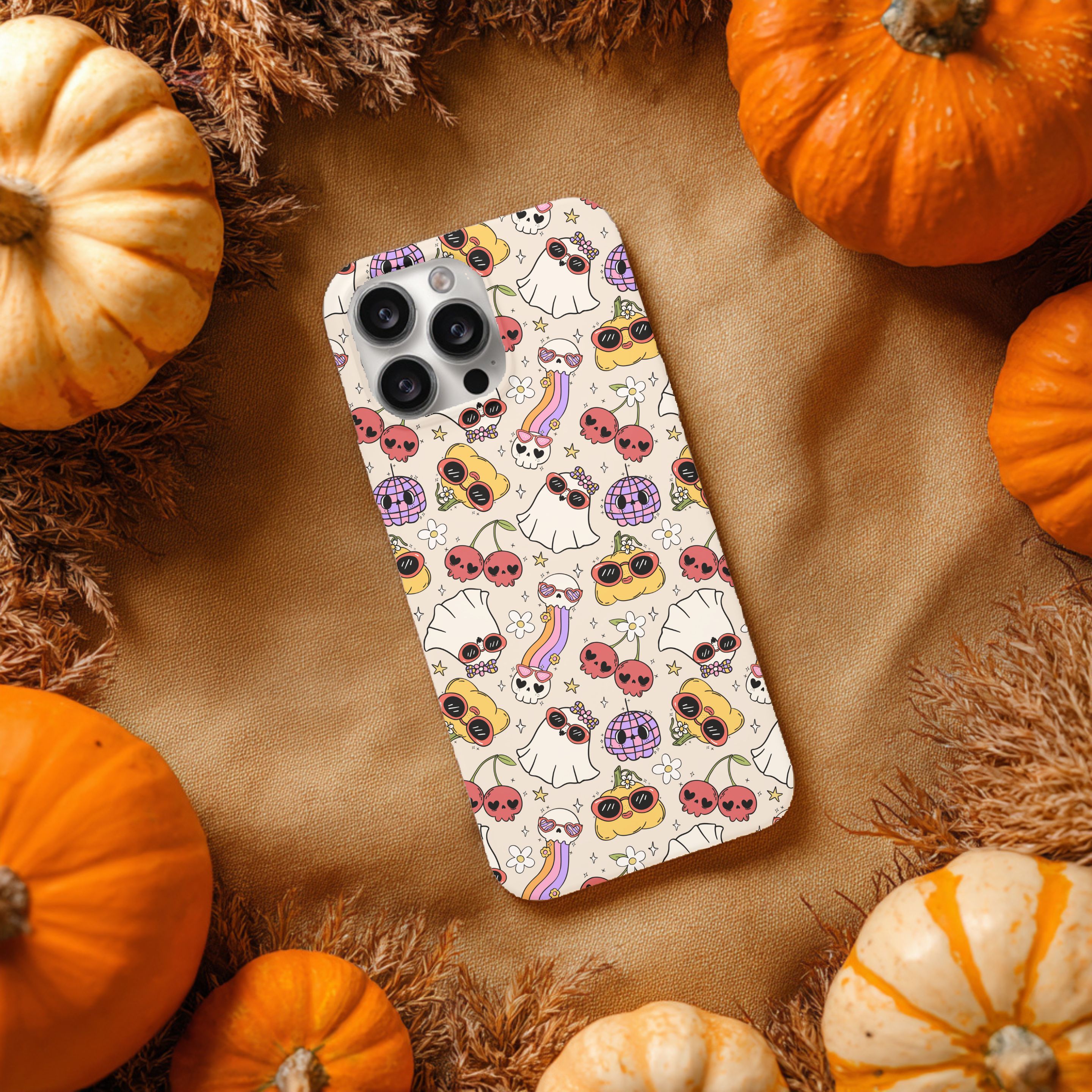 Retro 90's Style Halloween Phone Case, Multiple Varieties Available, Fall Aesthetic, Cherry and Ghosts Phone Case, Gift for Fall Season, Autumn Accessories product thumbnail image