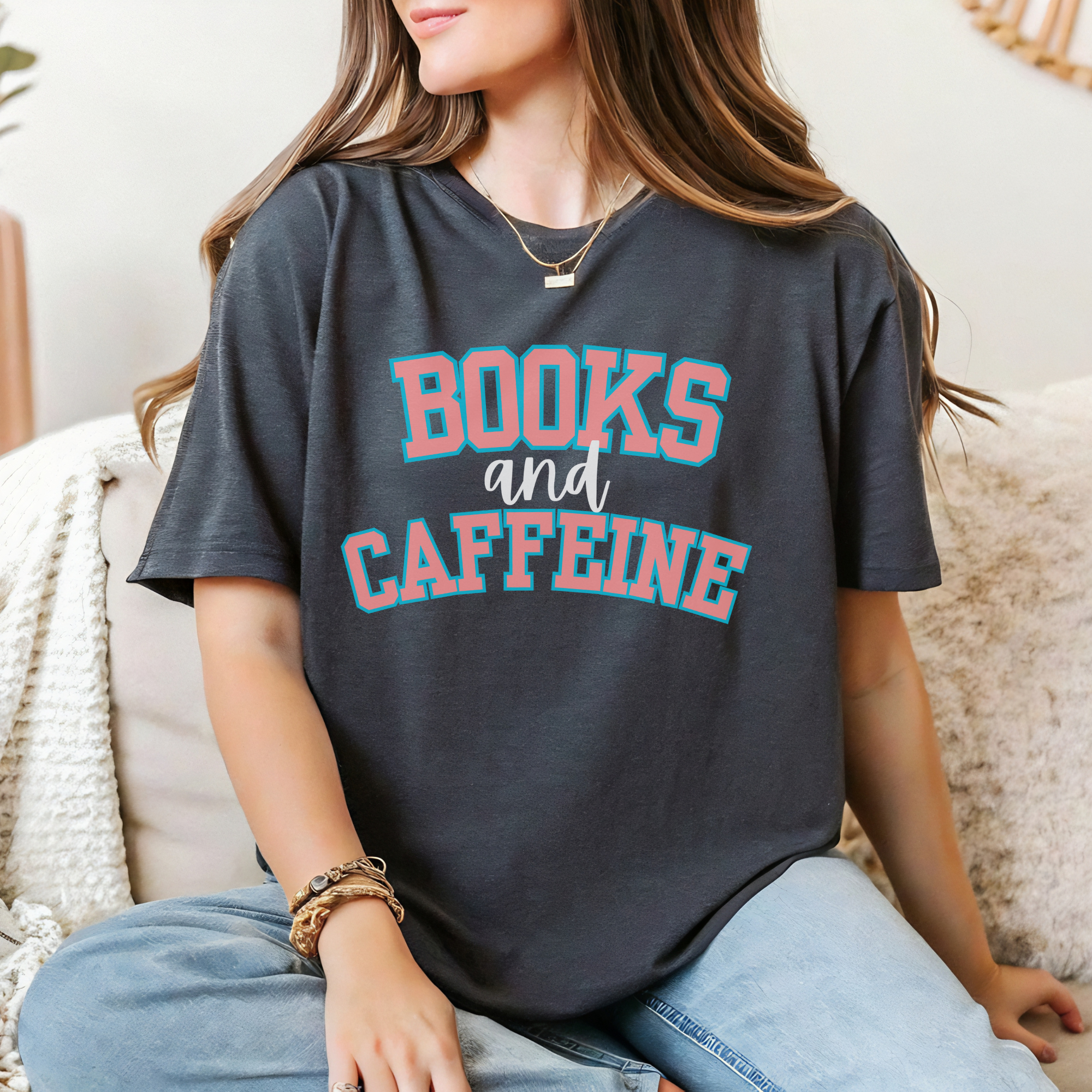 Books and Caffeine Unisex T-Shirt, Gift for Book Lovers, Cozy Reading Shirt, Funny Literature Tee, Coffee Lover Apparel