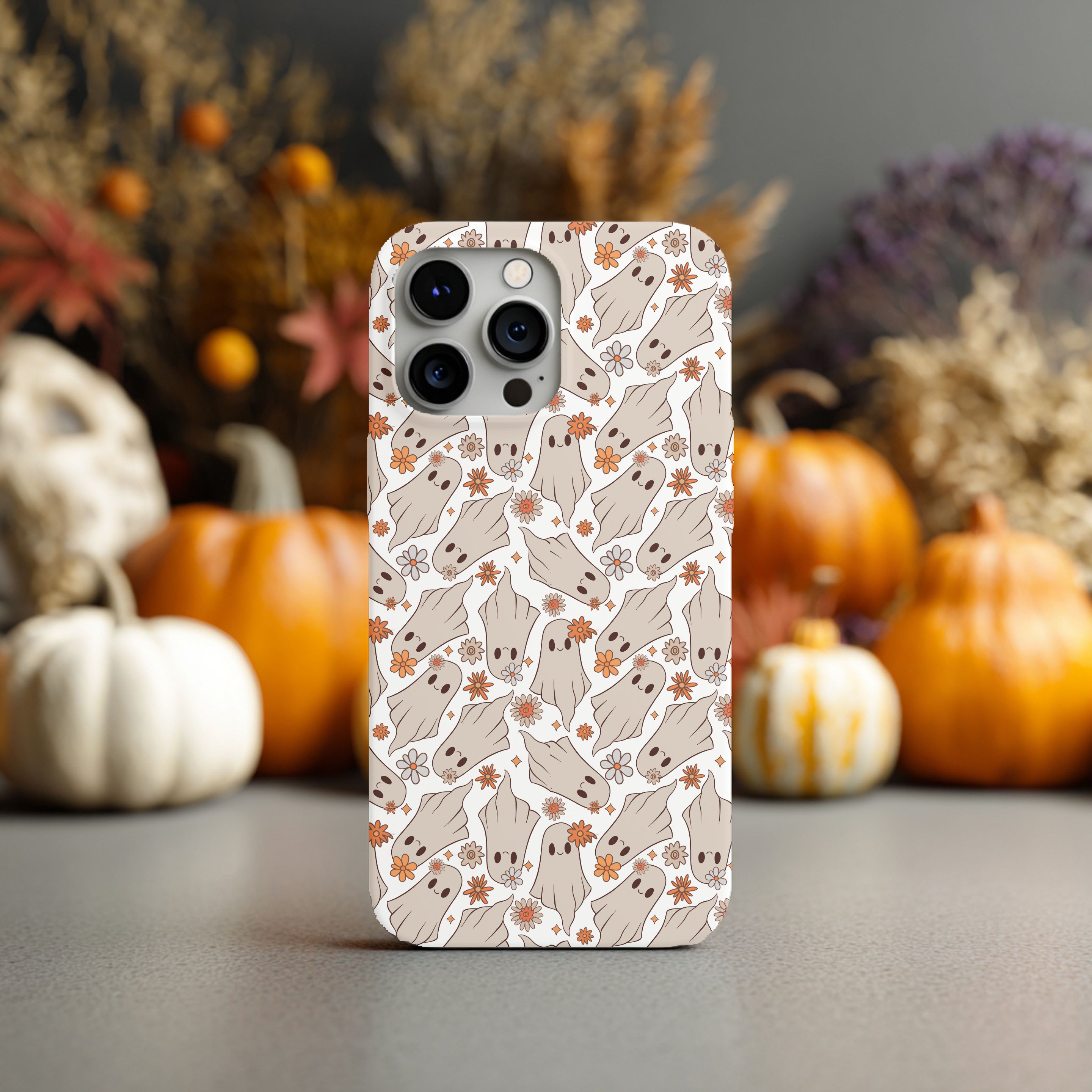 Little Beige Ghosts and Daisies Phone Case, Multiple Phone Varieties Available, Fall Aesthetic, Gift for Her for Fall, Autumn Accessories product thumbnail image