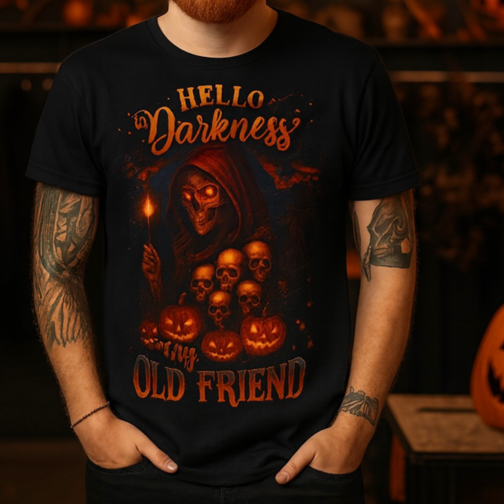 HELLO DARKNESS My Old Friend Halloween T-Shirt | Grim Reaper, Pumpkins &amp; Skulls product thumbnail image