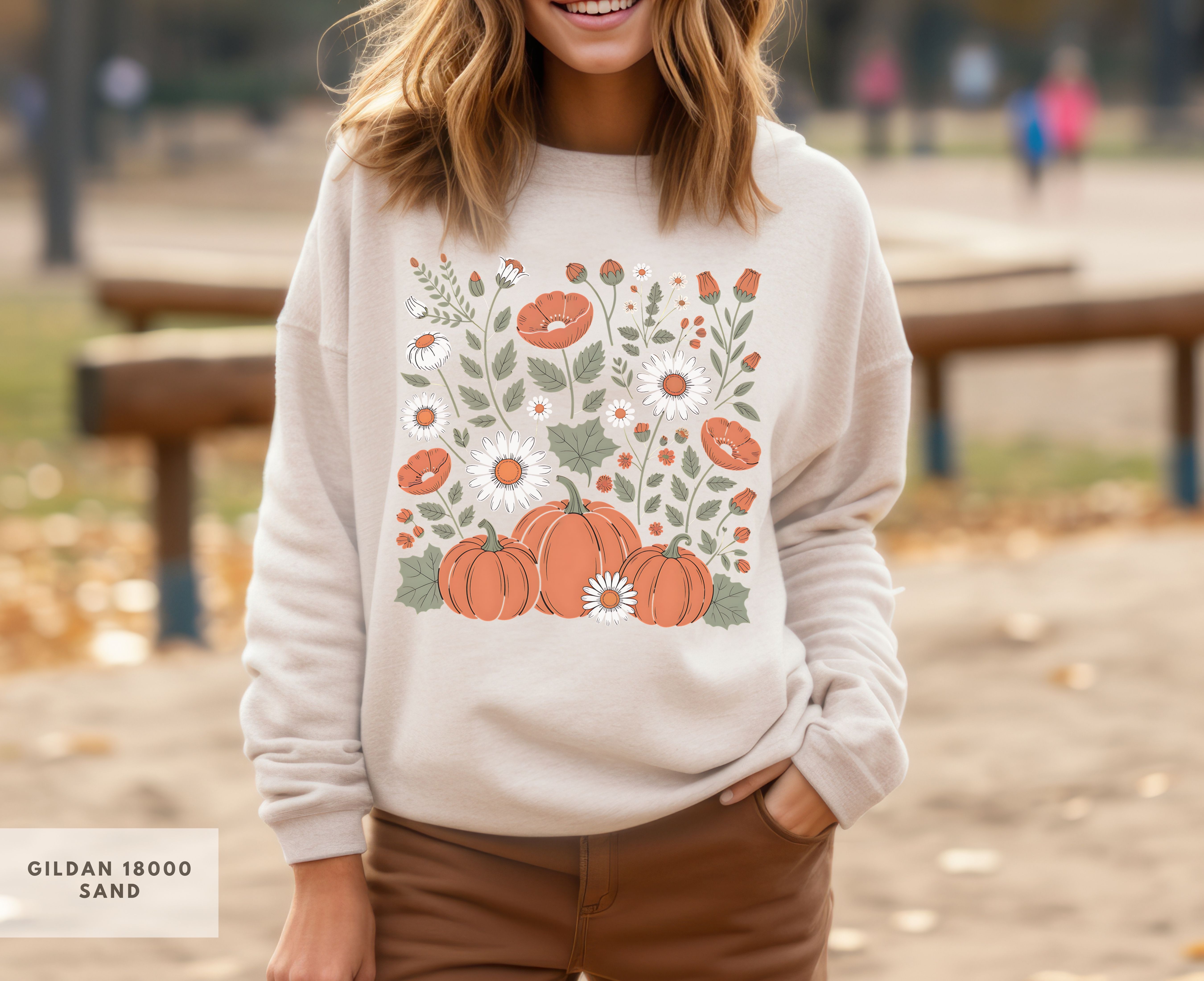 Pumpkins and Wildflowers Sweatshirt for Fall Vibes, Trendy Square Design with Pumpkins in minimum color scheme, Holiday Pullover product thumbnail image