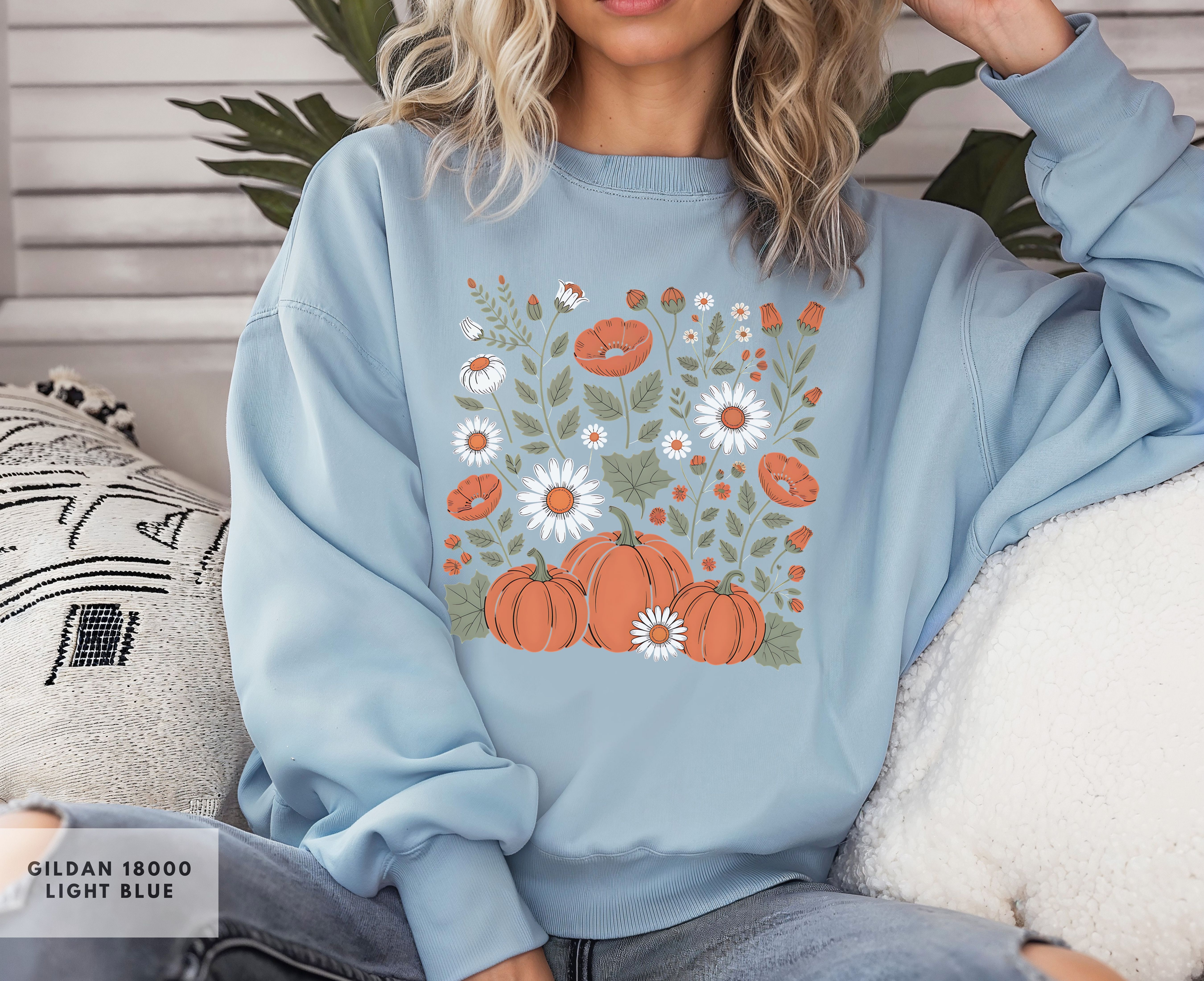 Pumpkins and Wildflowers Sweatshirt for Fall Vibes, Trendy Square Design with Pumpkins in minimum color scheme, Holiday Pullover product thumbnail image Pumpkins and Wildflowers Sweatshirt for Fall Vibes, Trendy Square Design with Pumpkins in minimum color scheme, Holiday Pullover product thumbnail image
