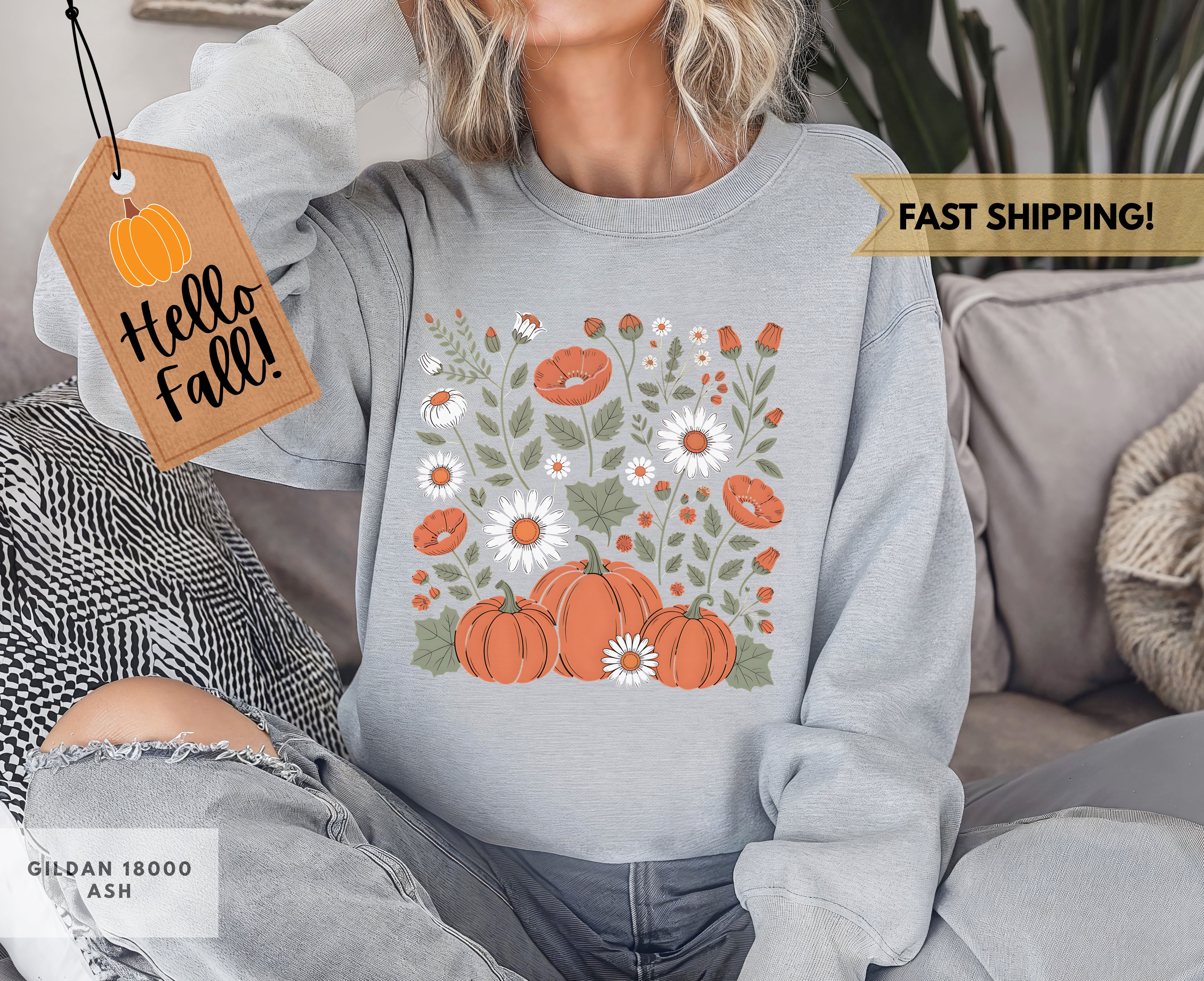 Pumpkins and Wildflowers Sweatshirt for Fall Vibes, Trendy Square Design with Pumpkins in minimum color scheme, Holiday Pullover
