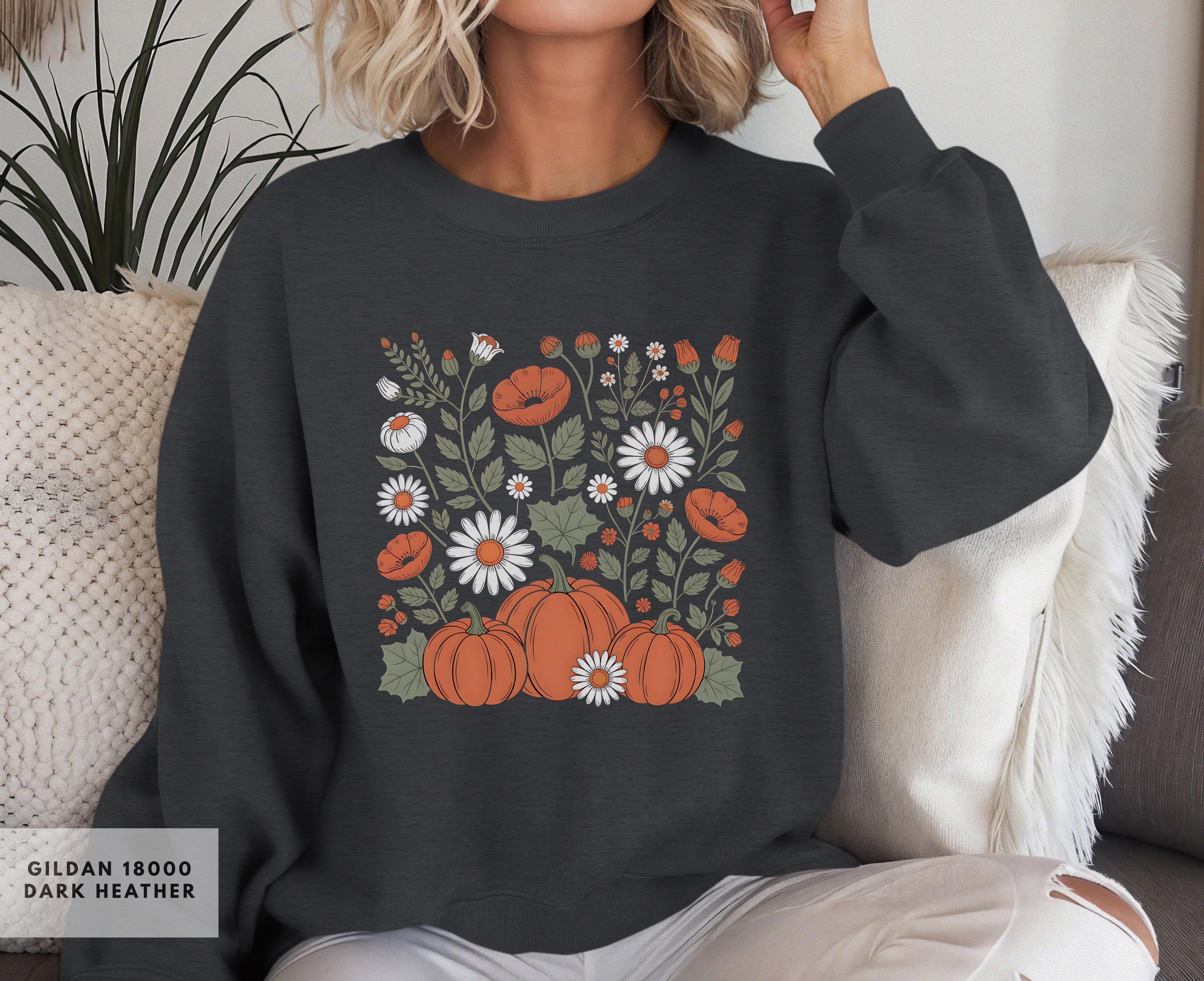 Pumpkins and Wildflowers Sweatshirt for Fall Vibes, Trendy Square Design with Pumpkins in minimum color scheme, Holiday Pullover product thumbnail image
