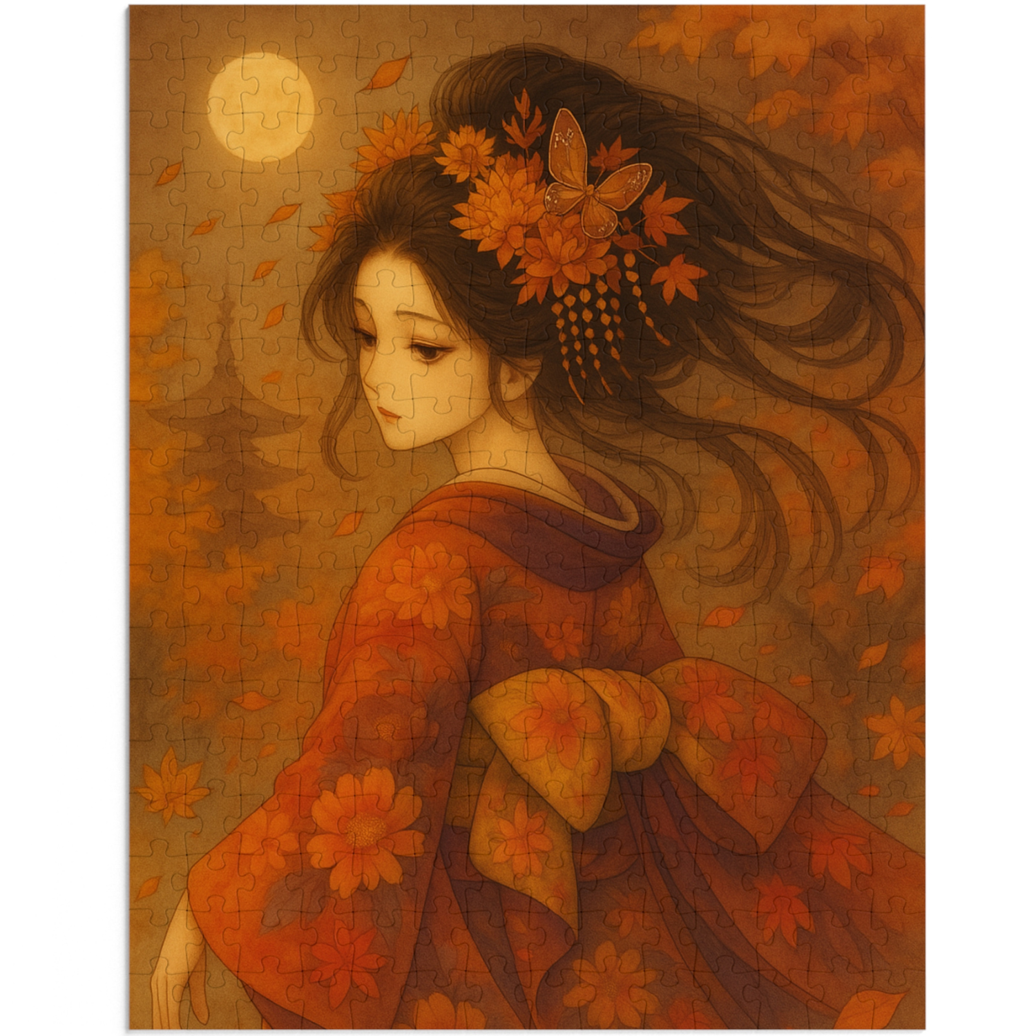 Kimono Beauty Puzzle – Red Kimono and Falling Autumn Leaves on a Moonlit Night (252 / 500 / 1000 Pieces)