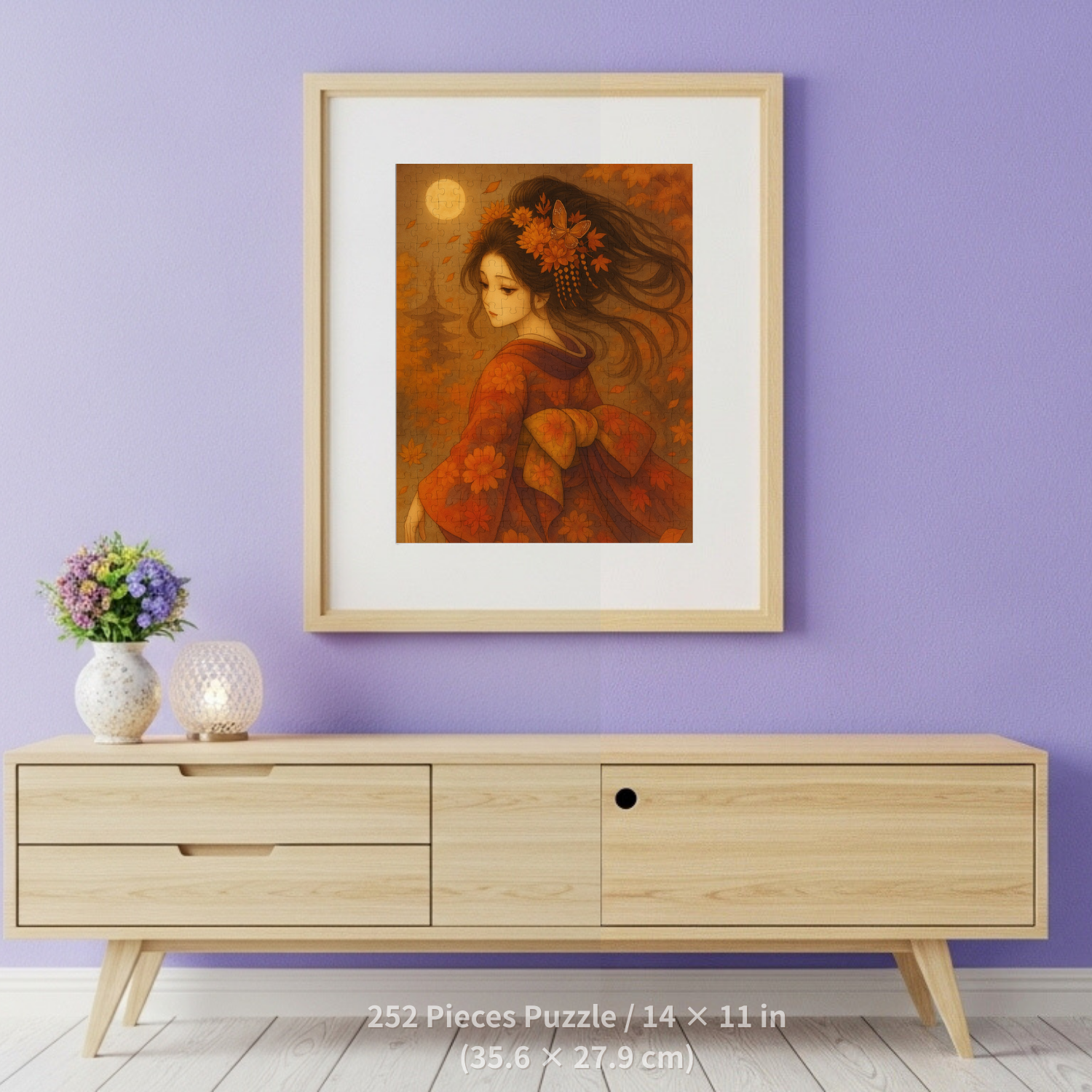 Kimono Beauty Puzzle – Red Kimono and Falling Autumn Leaves on a Moonlit Night (252 / 500 / 1000 Pieces) product thumbnail image