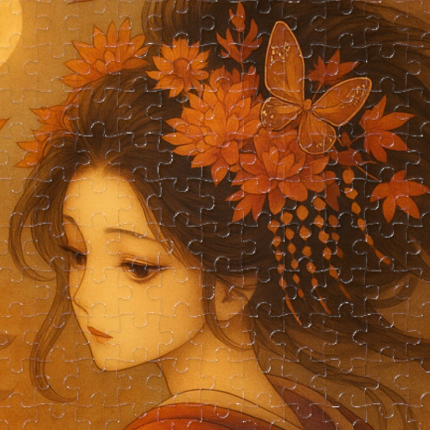 Kimono Beauty Puzzle – Red Kimono and Falling Autumn Leaves on a Moonlit Night (252 / 500 / 1000 Pieces) product thumbnail image