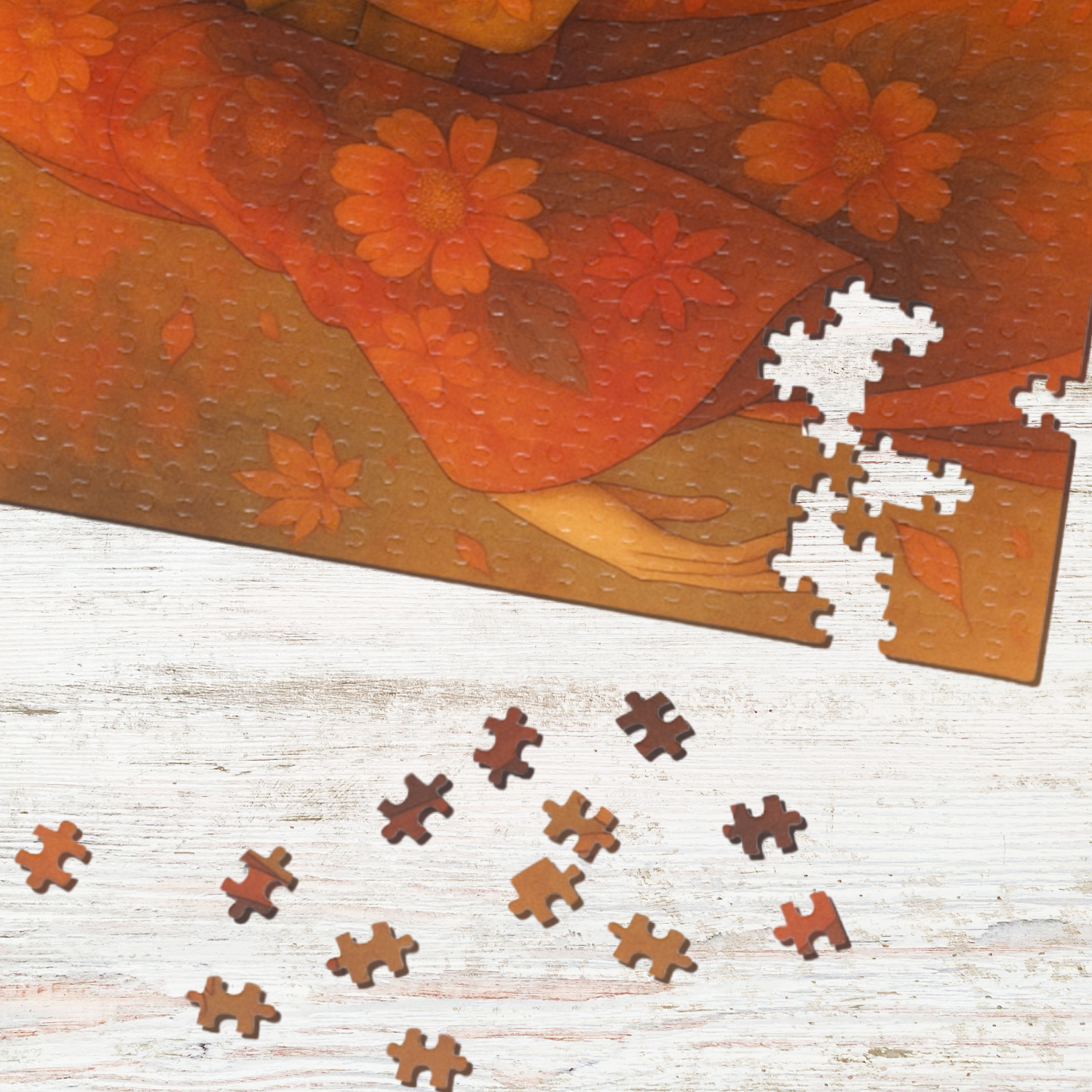 Kimono Beauty Puzzle – Red Kimono and Falling Autumn Leaves on a Moonlit Night (252 / 500 / 1000 Pieces) product thumbnail image