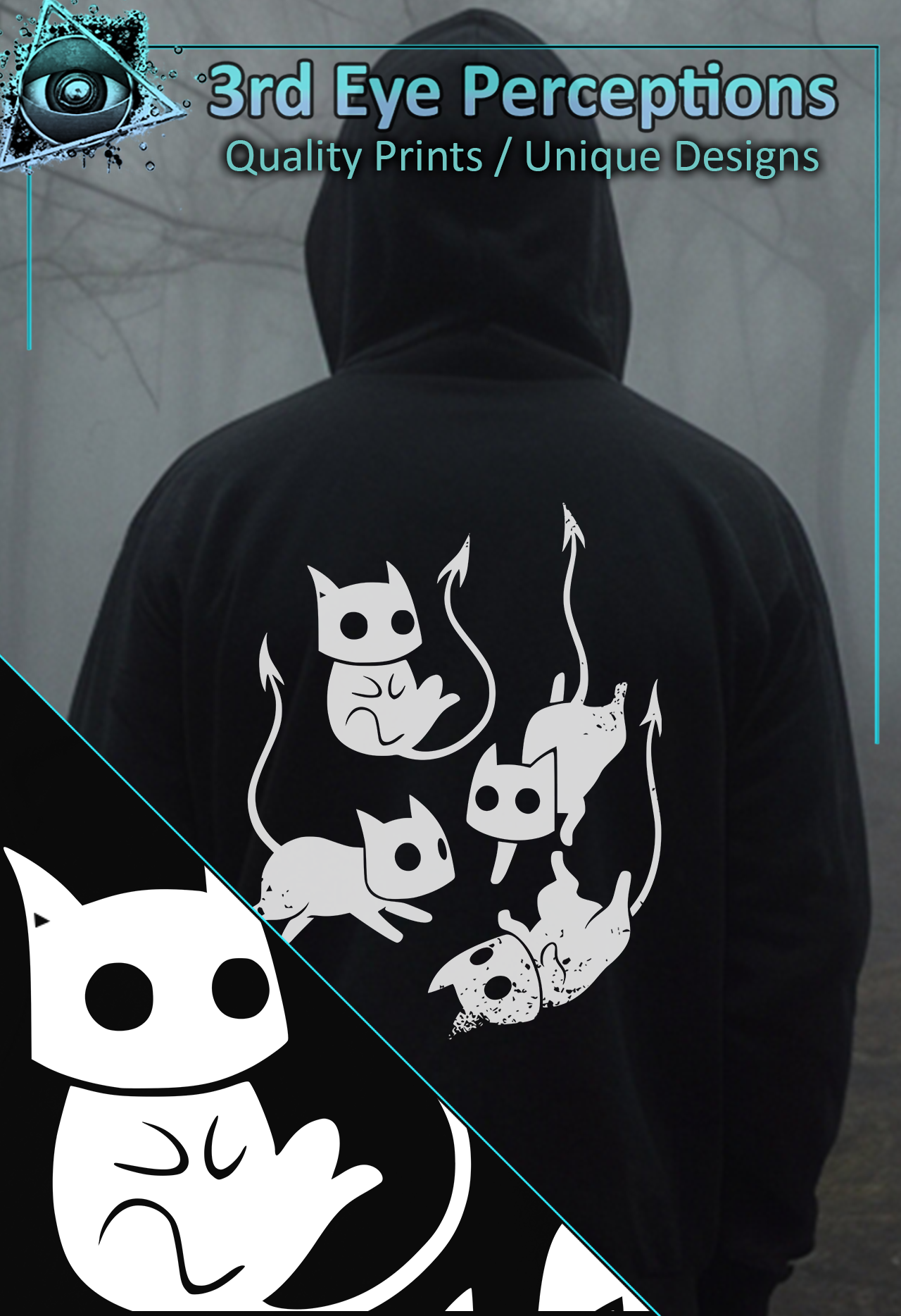 Funny Adorable Demon Cat Graphic Gothic Obscure Cartoon Back Print ( Unisex Heavy Blend™ Hooded )