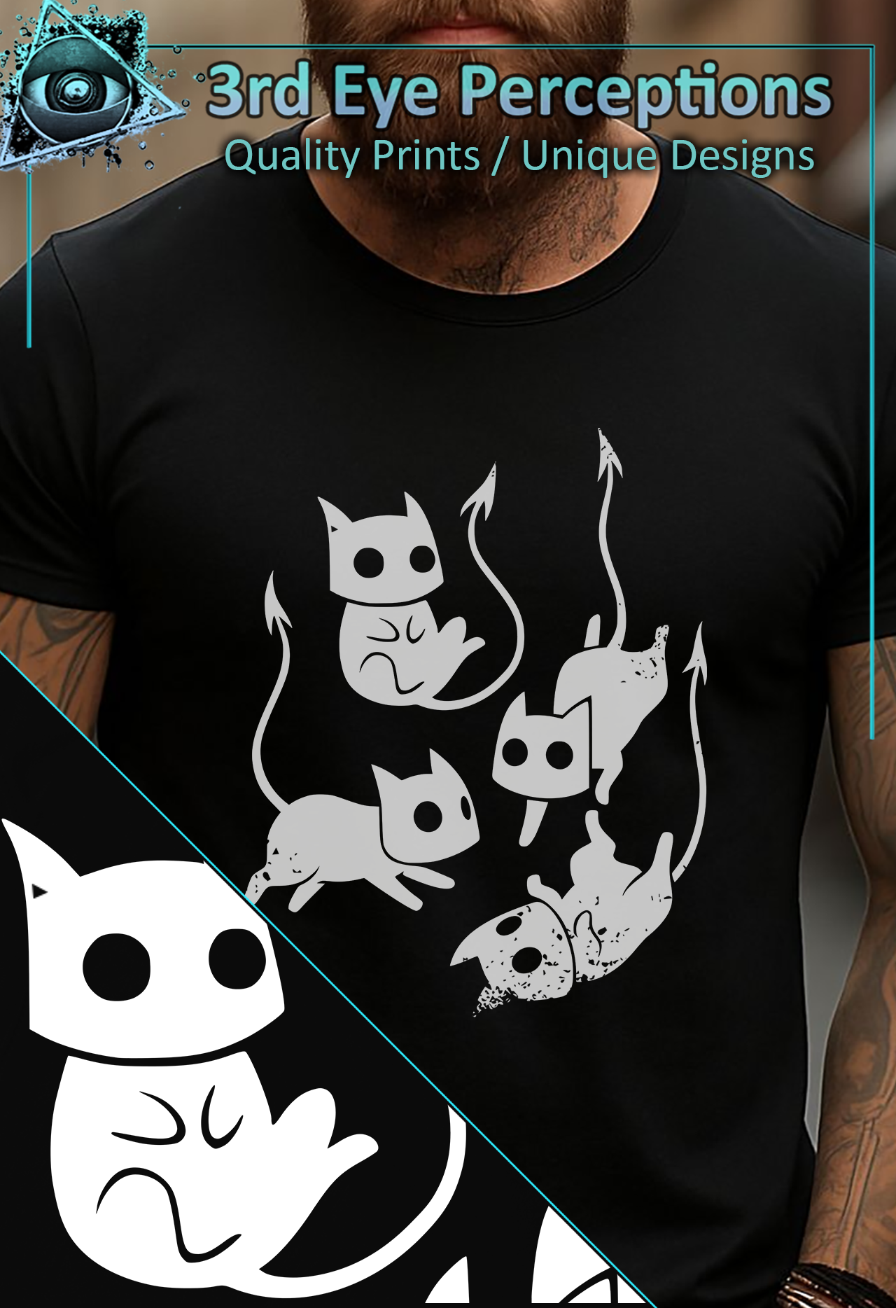 Funny Adorable Demon Cat Graphic Gothic Obscure Cartoon White