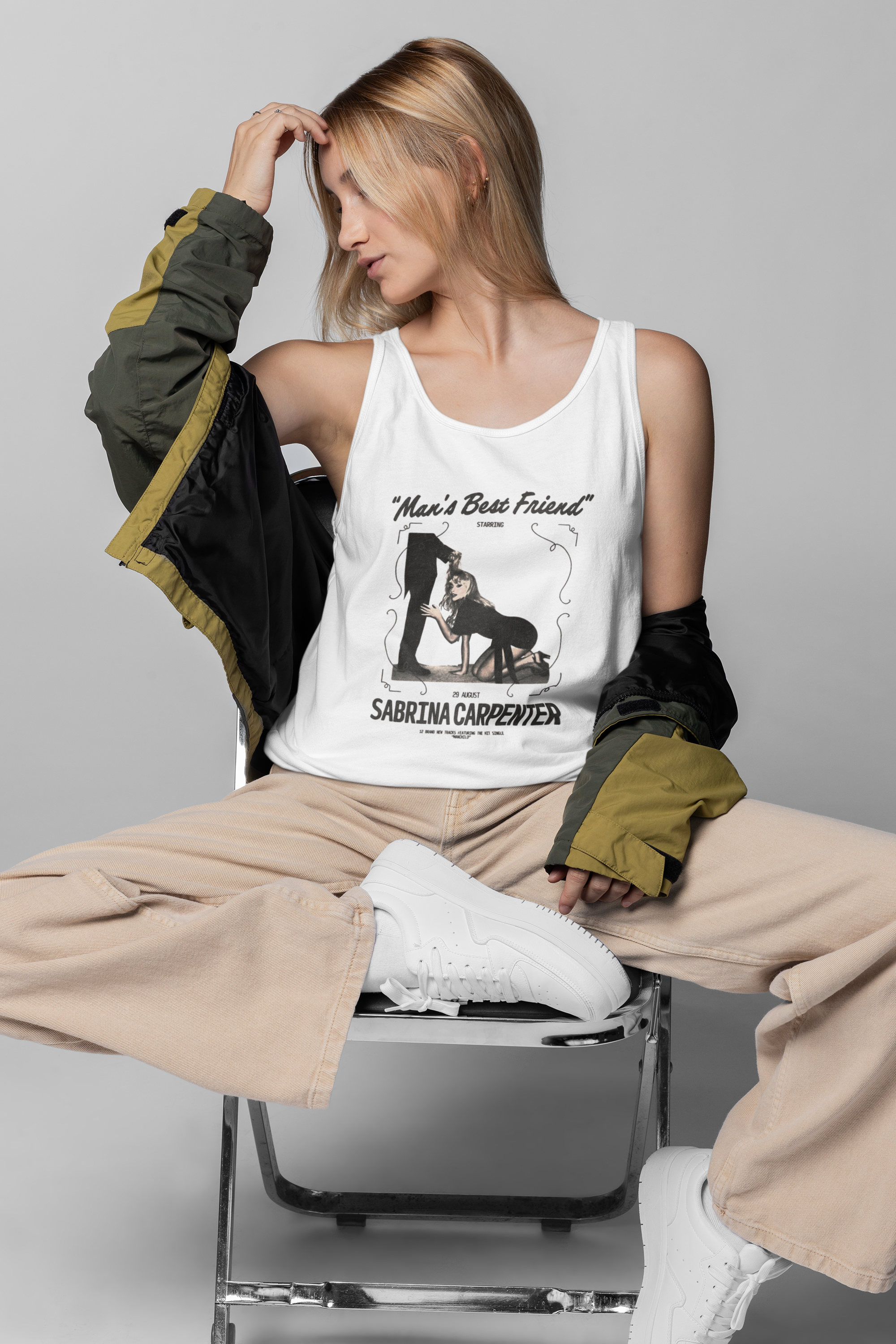 Men's Best Friend Album Cover Unisex Jersey Tank Top, Manchild Graphic Tank Top for Carpenters. Sabrina Concert Merch. Vintage Style