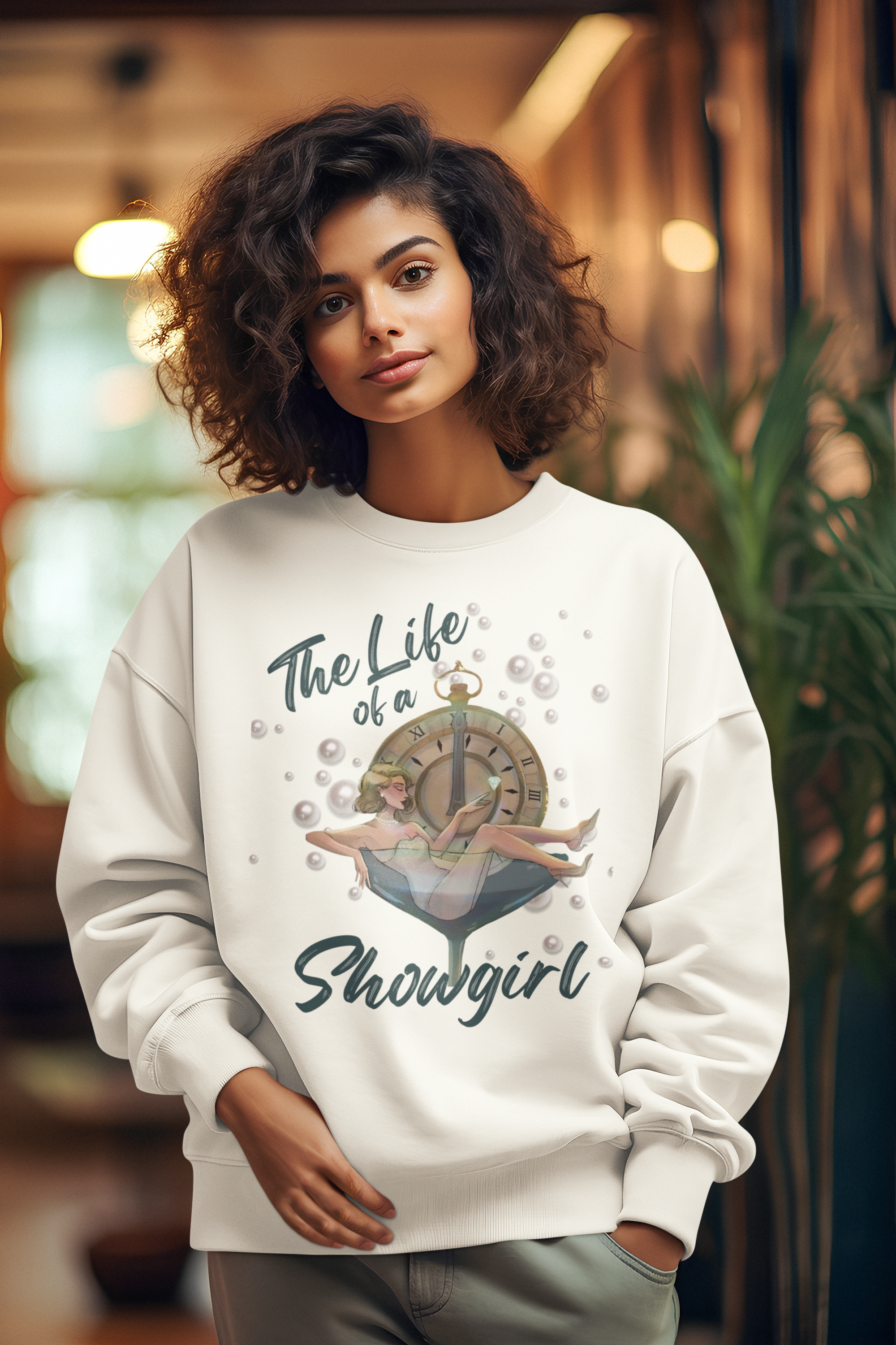 Vintage Inspired 'The life of a Showgirl' Unisex Lightweight Crewneck Sweatshirt. TS 12 Album, Taylor in a Martini Glass with midnight clock