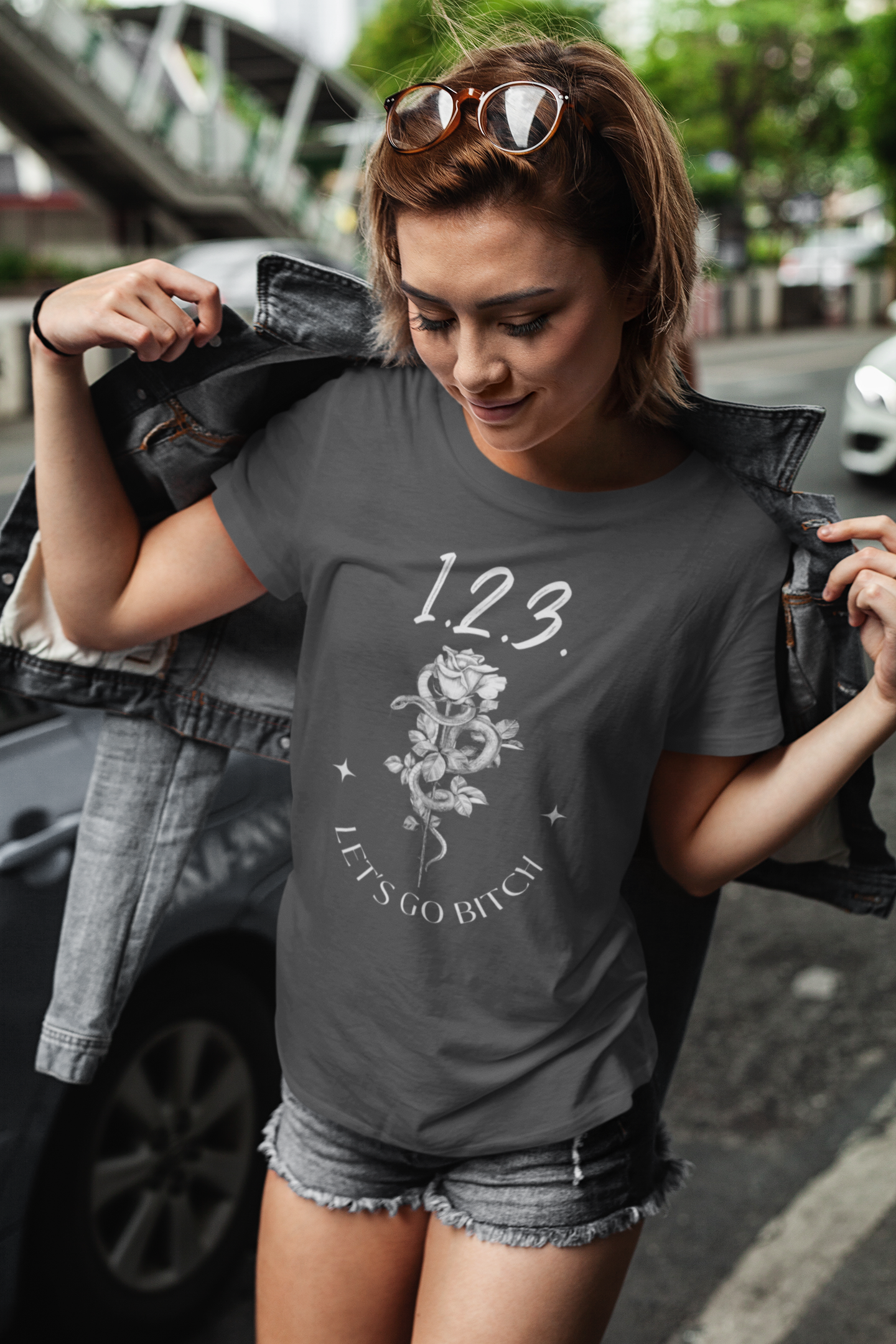 1.2.3. Let's go Bitch Delicate Eras Tour Chant Unisex Softstyle T-Shirt with Floral Snake Design, Casual Tee for Swifties. Reputation Era