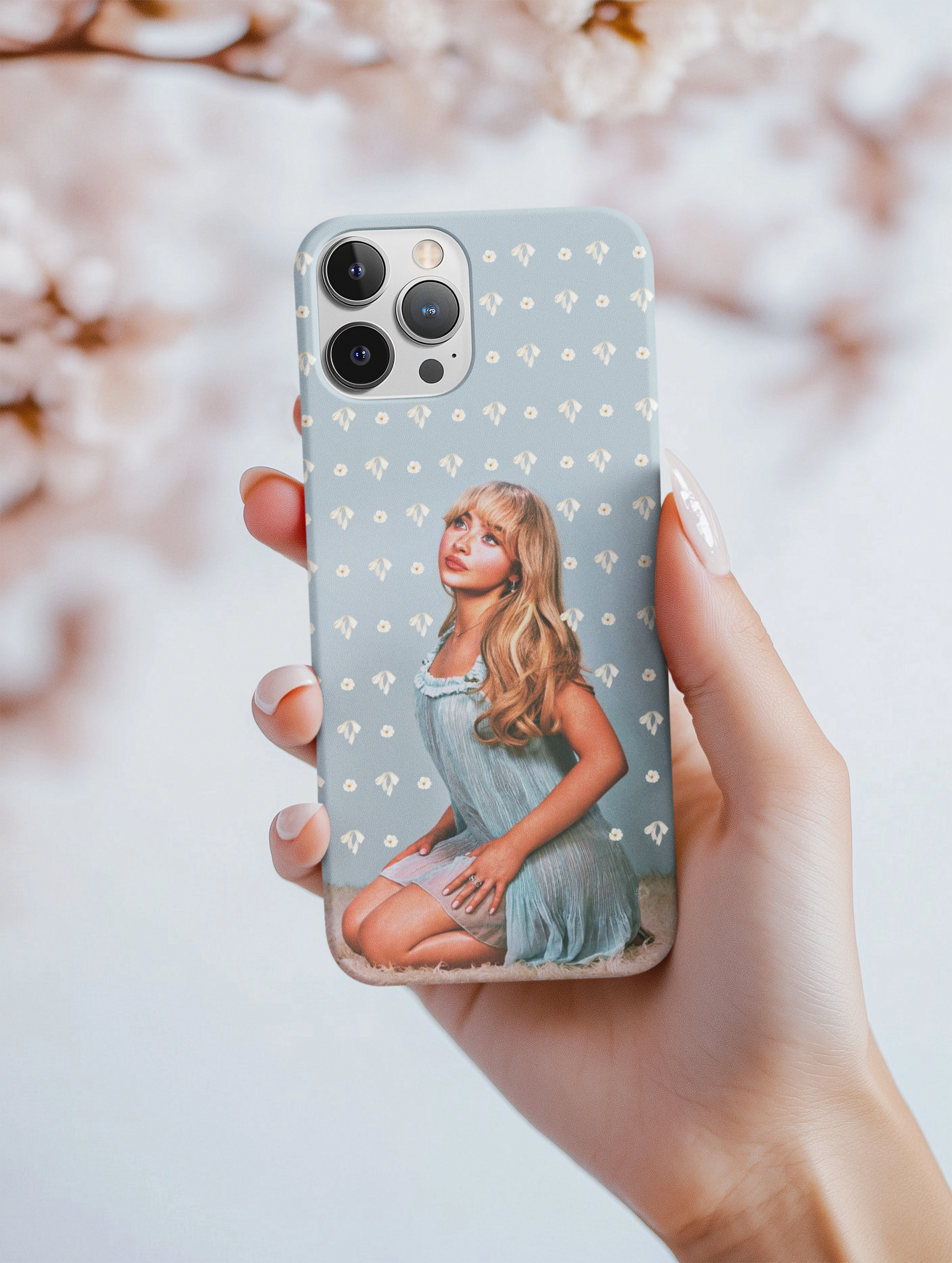 Sabrina Blue Vintage Floral Design, Clear Flexible Covers for iPhone, Carpenter Gifts for Her, Blue Dress, Short and Sweet