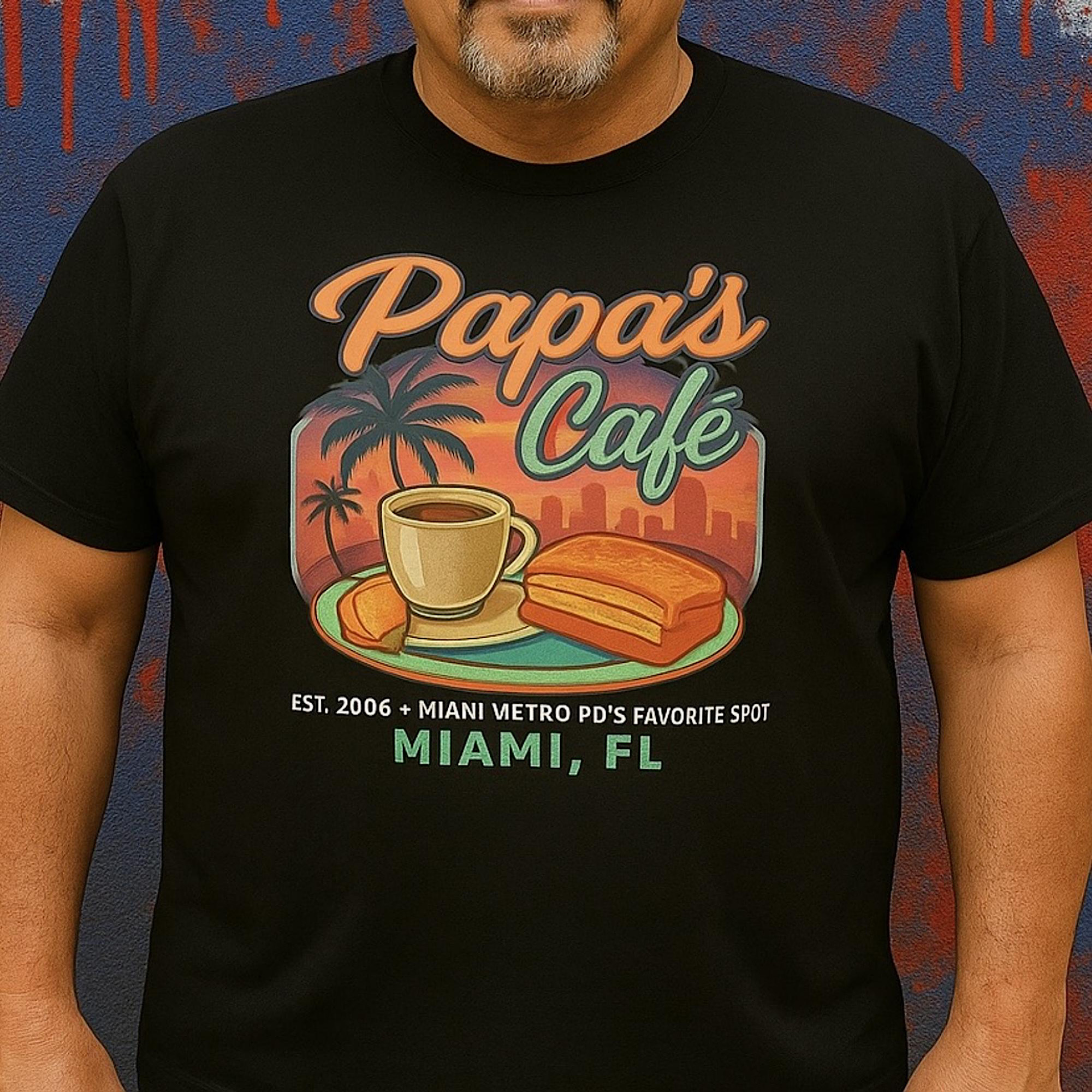Papa’s Café Miami Shirt Dexter Batista Cuban Coffee Sandwich Flan