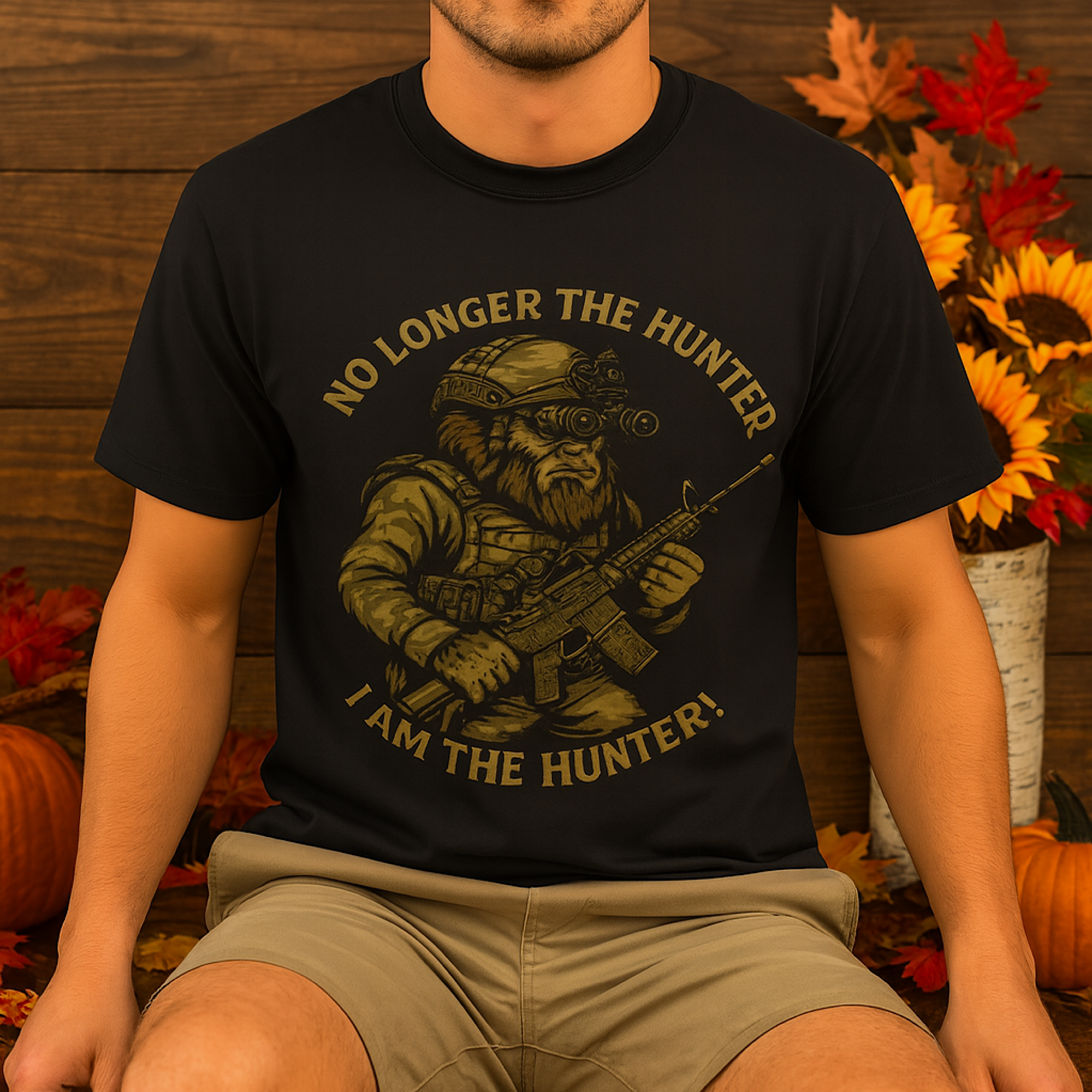 Big Foot Hunter Graphic Tee, No Longer the Hunted Shirt, Unisex T-Shirt for Adventure Lovers, Casual Wear, Gift for Hunters
