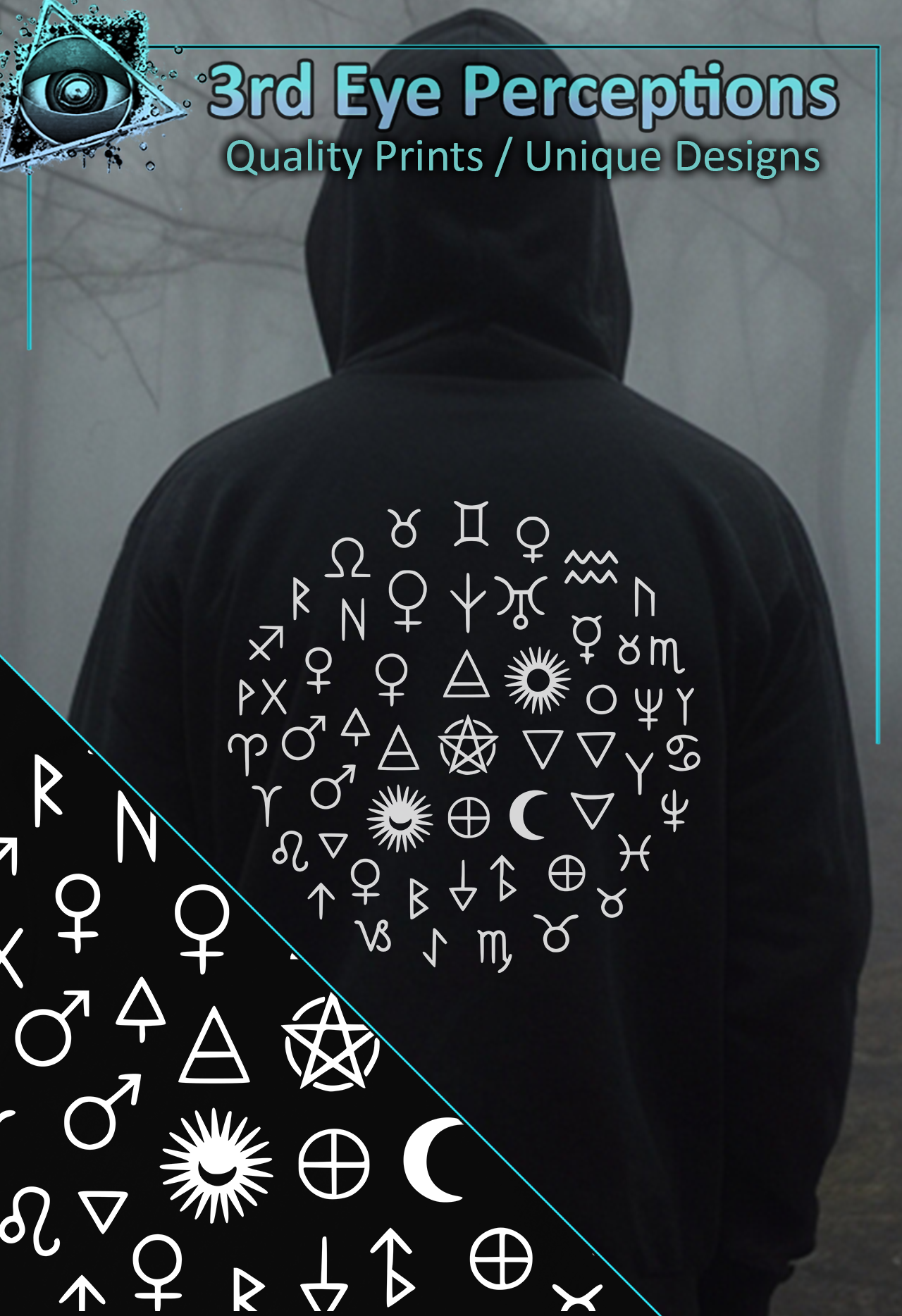 Gothic Witchy Pagan Tarot Zodiac Astrology Symbols White Back Print ( Unisex Heavy Blend™ Hooded )