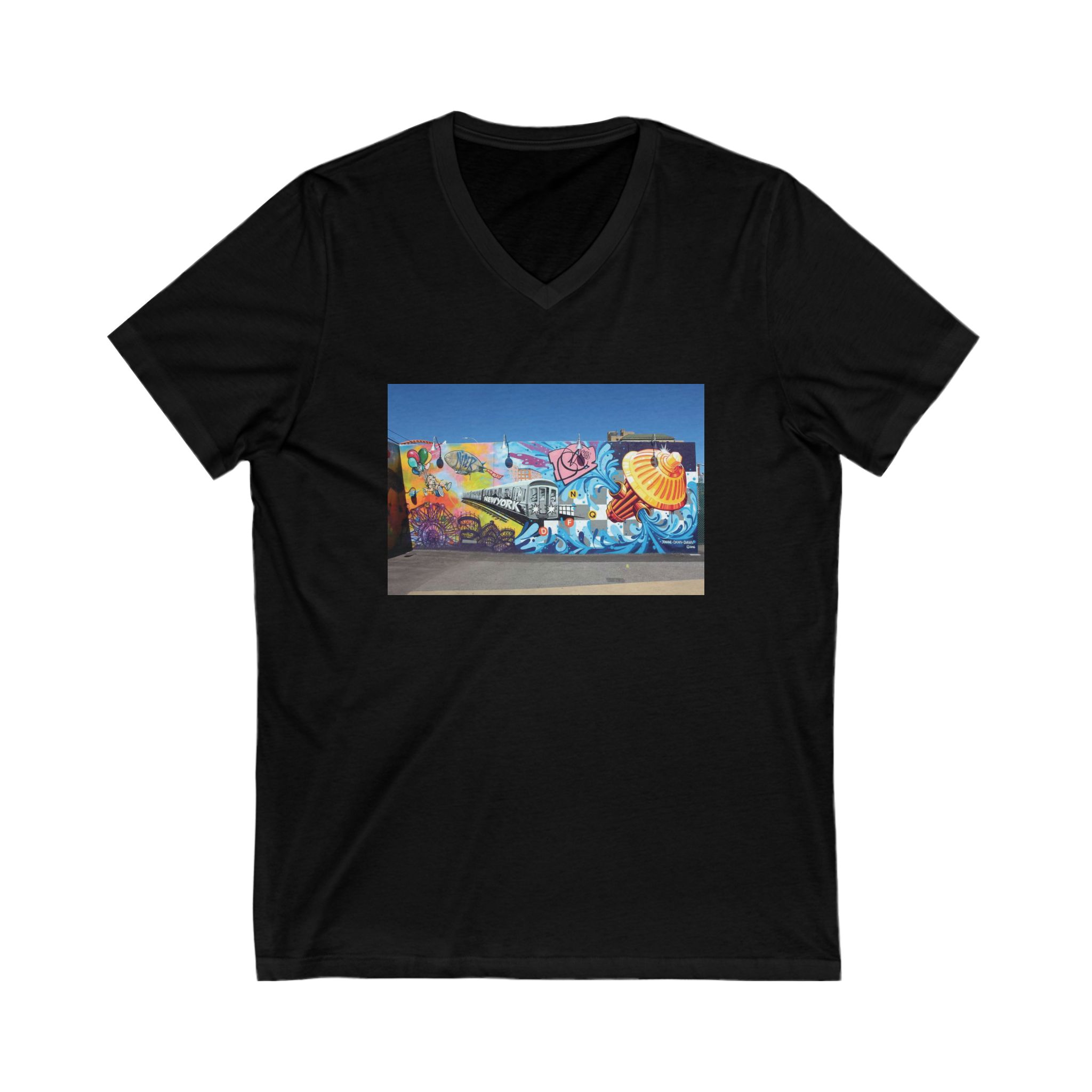 Street Art Mural V-Neck Tee – Colorful Urban Graffiti Print product thumbnail image Street Art Mural V-Neck Tee – Colorful Urban Graffiti Print product thumbnail image