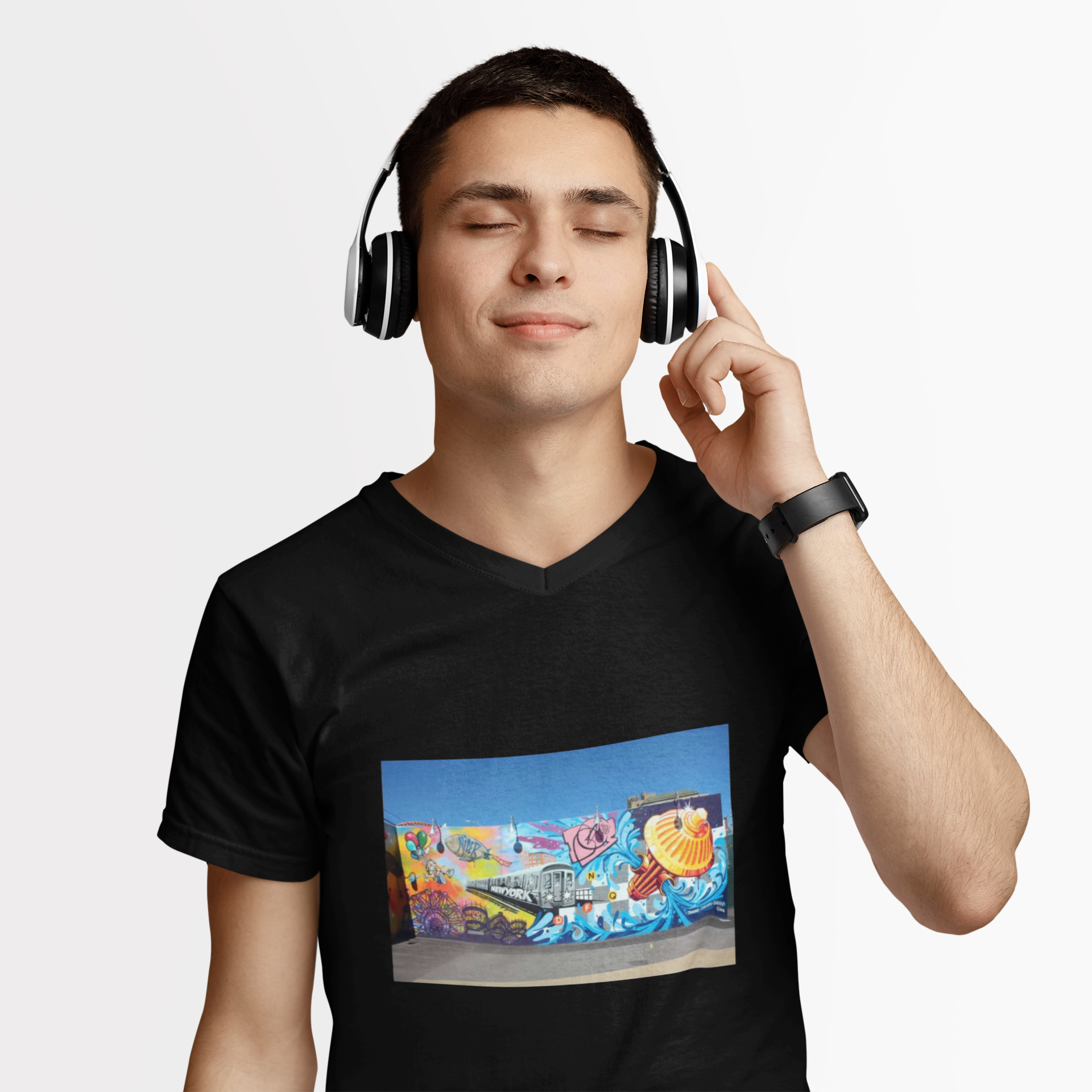 Street Art Mural V-Neck Tee – Colorful Urban Graffiti Print product thumbnail image Street Art Mural V-Neck Tee – Colorful Urban Graffiti Print product thumbnail image