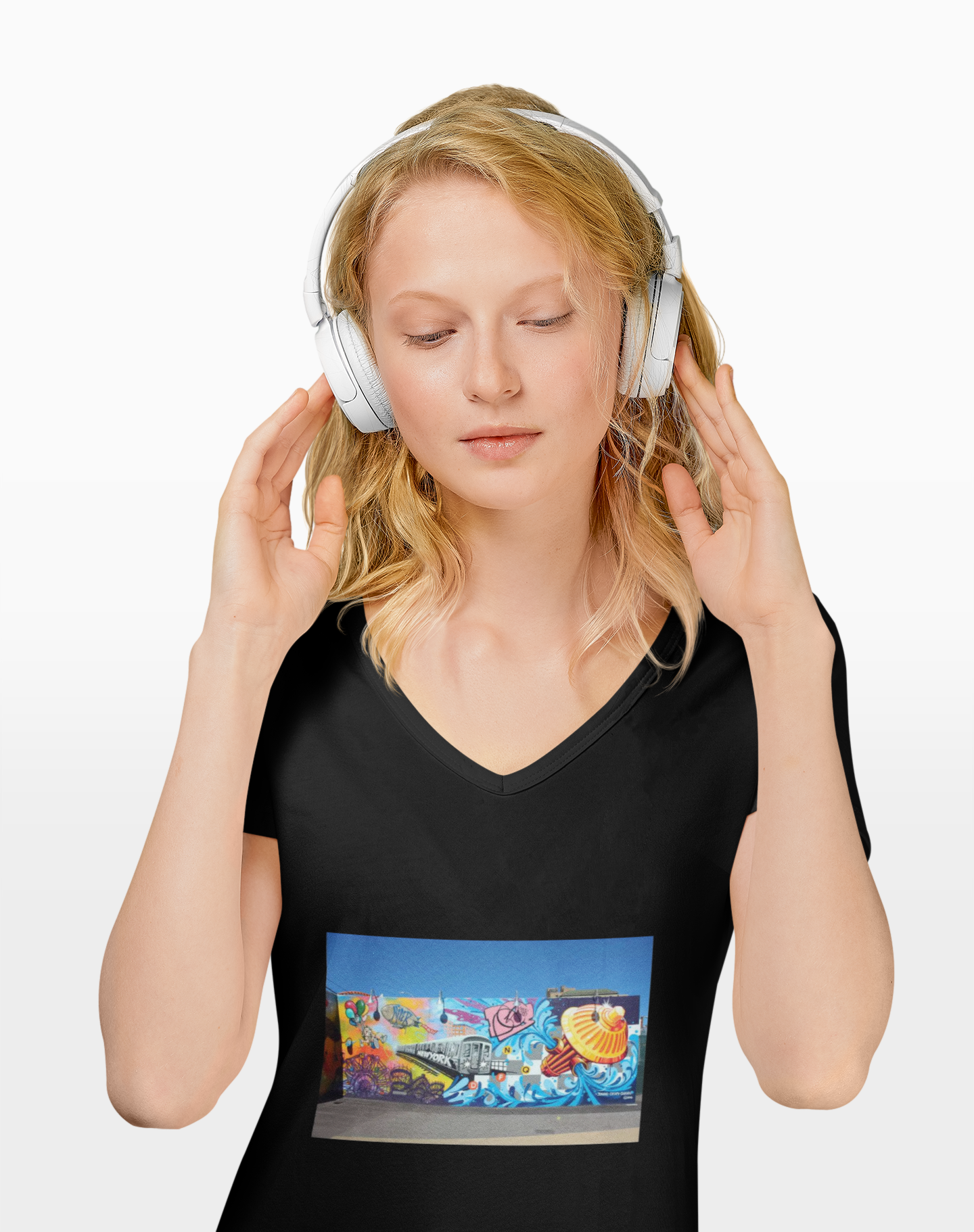 Street Art Mural V-Neck Tee – Colorful Urban Graffiti Print product thumbnail image Street Art Mural V-Neck Tee – Colorful Urban Graffiti Print product thumbnail image